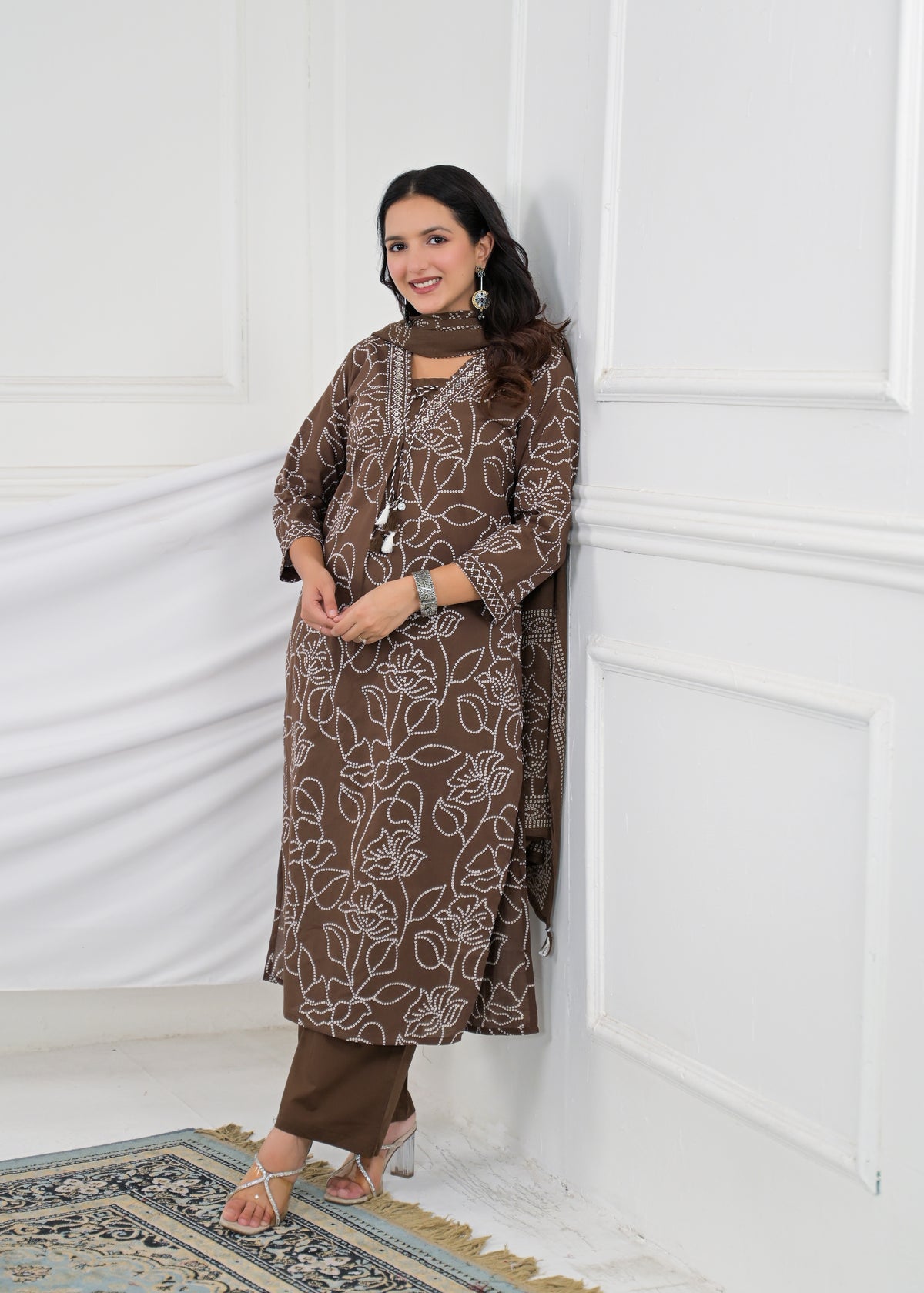 V-Neck Floral Line-Art Cotton 3-Piece Kurta Set with Dupatta