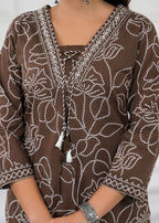 V-Neck Floral Line-Art Cotton 3-Piece Kurta Set with Dupatta