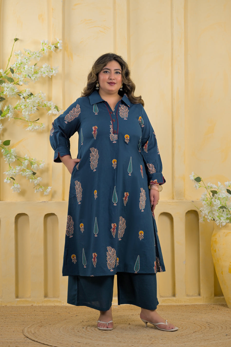 Women Ethnic Motif Printed Shirt Collar A-Line Kurta with Pant Set