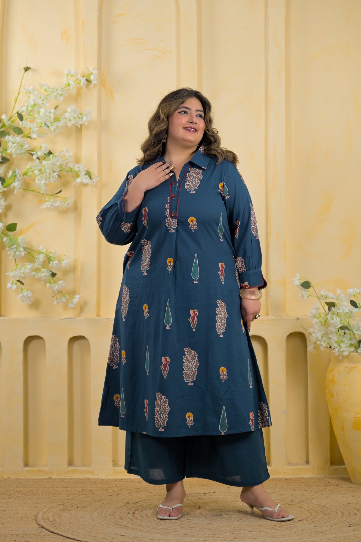 Women Ethnic Motif Printed Shirt Collar A-Line Kurta with Pant Set