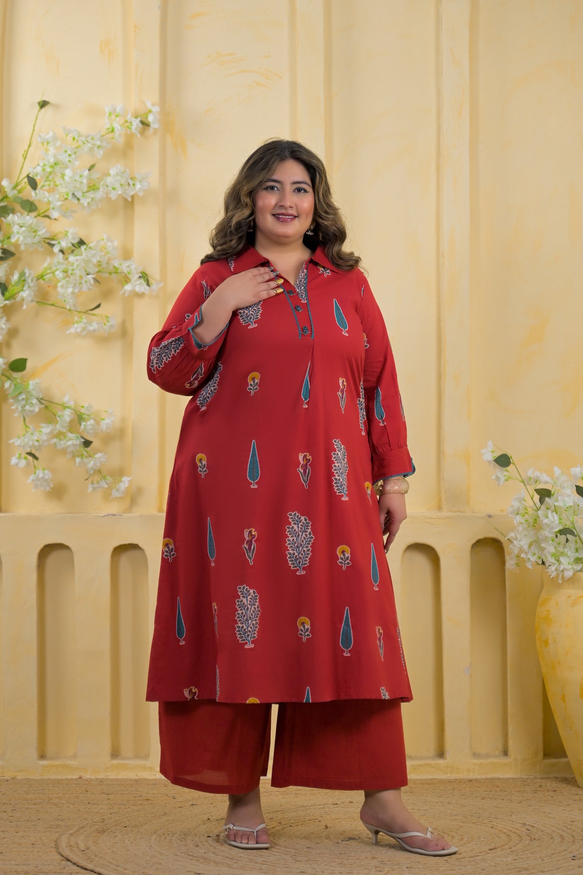Women Ethnic Motif Printed Shirt Collar A-Line Kurta with Pant Set