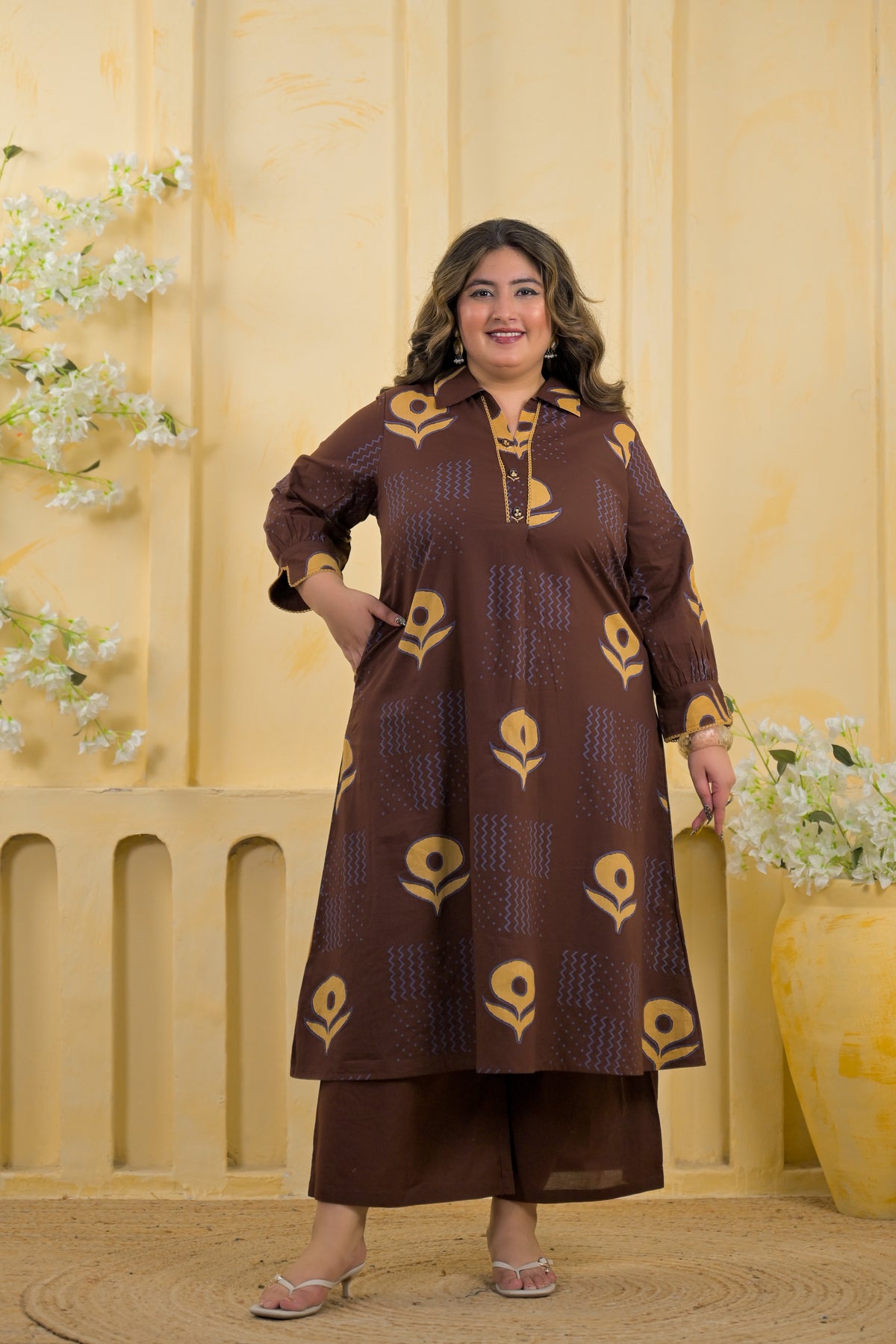 Block Printed Collared Long Tunic & Trouser 2-Piece Co-Ord Set
