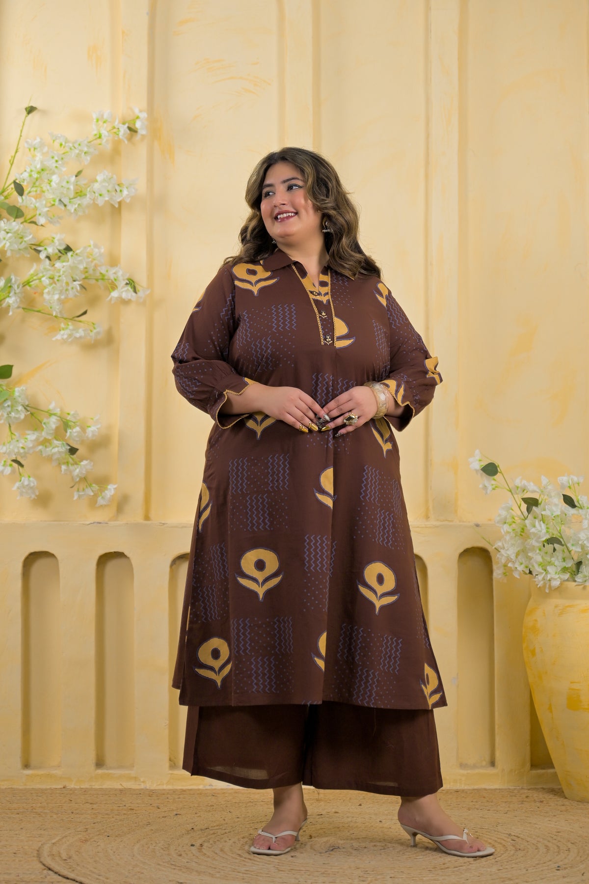 Block Printed Collared Long Tunic & Trouser 2-Piece Co-Ord Set