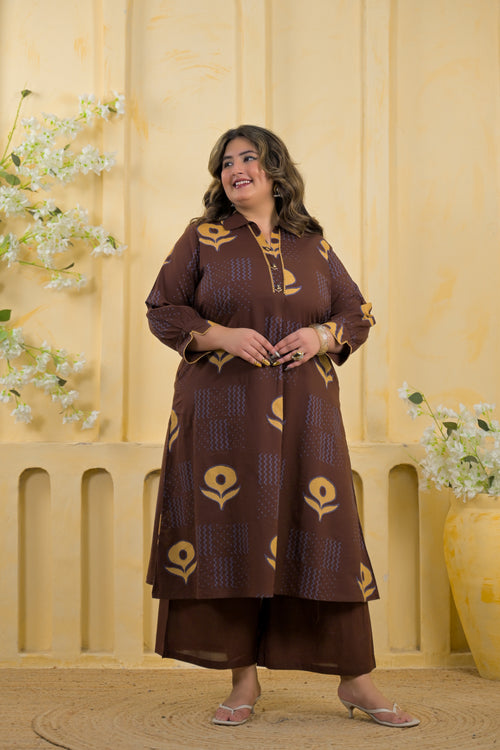 Block Printed Collared Long Tunic & Trouser 2-Piece Co-Ord Set