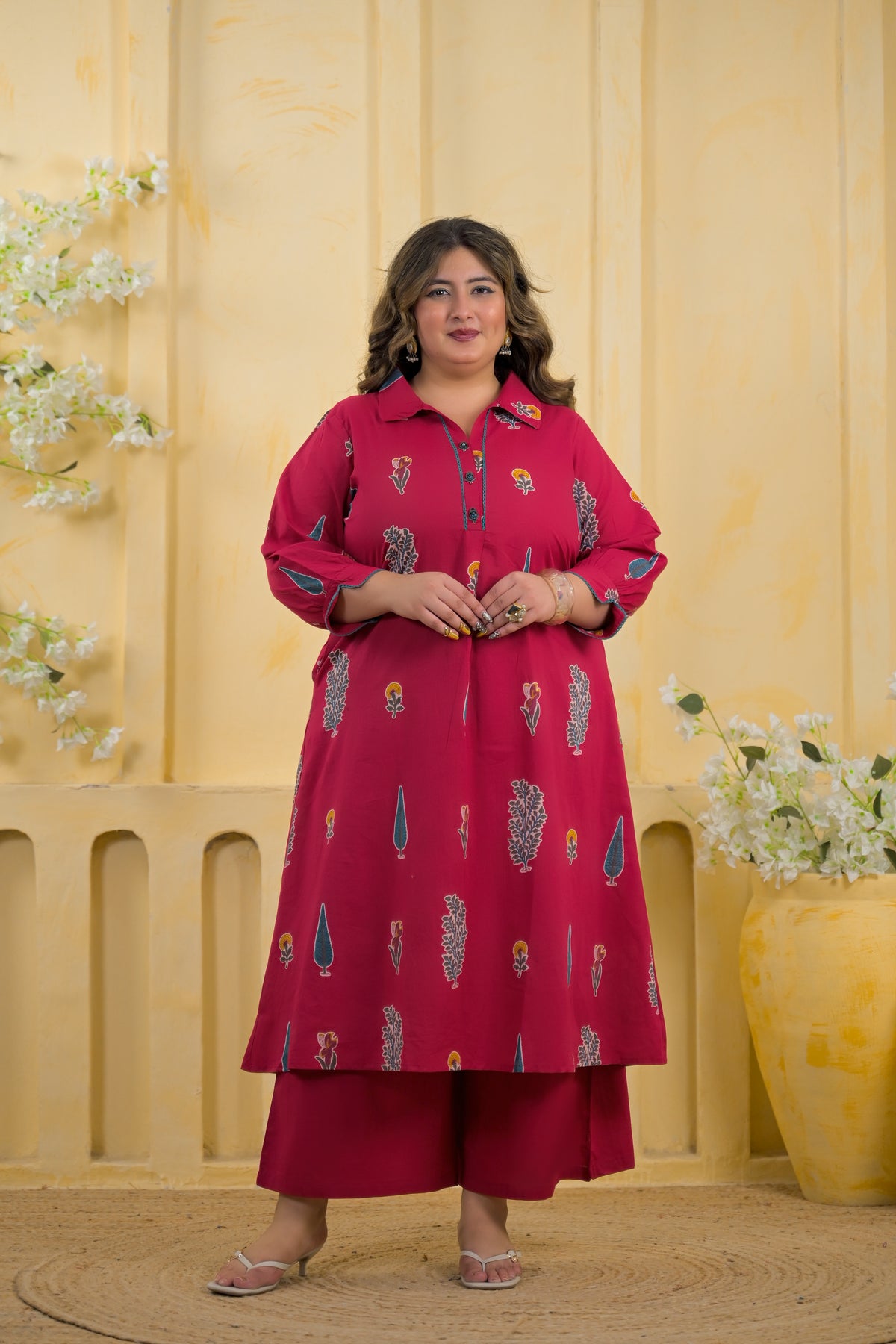 Women Ethnic Motif Printed Shirt Collar A-Line Kurta with Pant Set