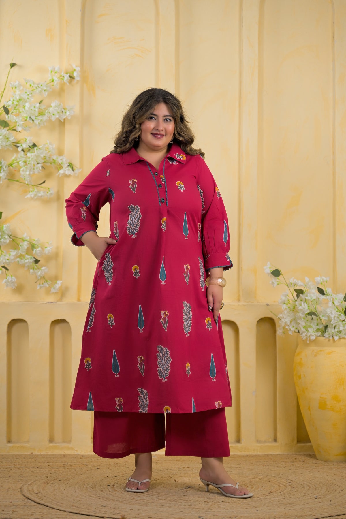 Women Ethnic Motif Printed Shirt Collar A-Line Kurta with Pant Set