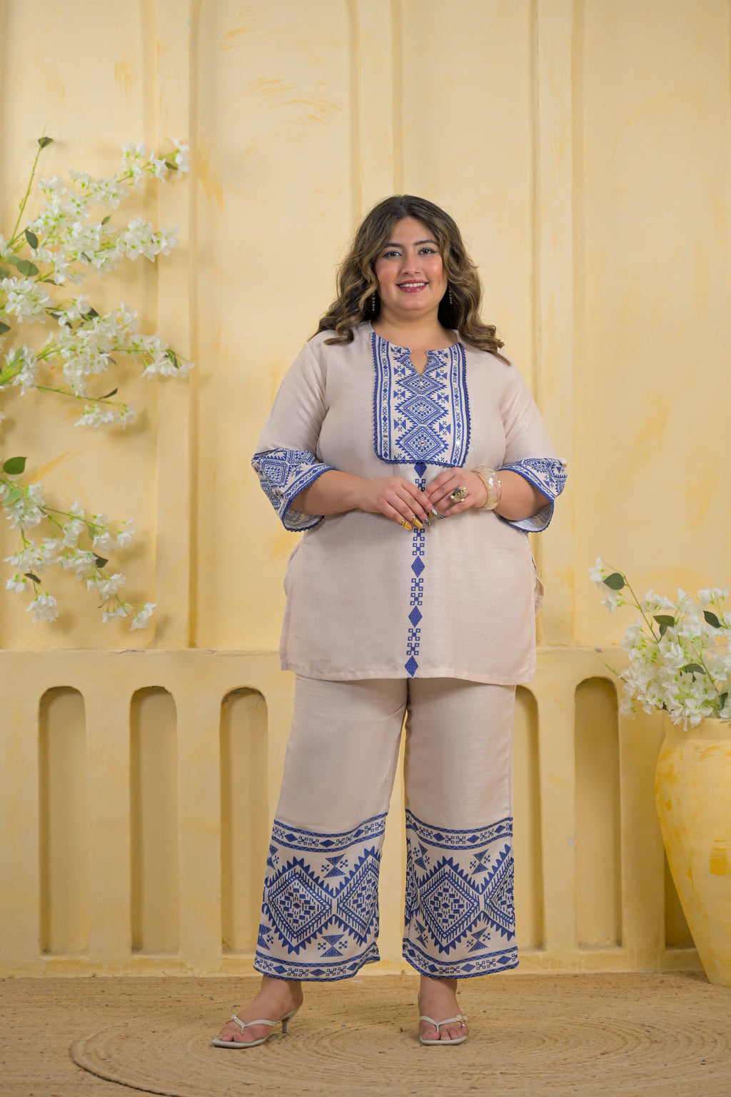 Women Geometric Embroidered Yoke Tunic with Palazzo - 2 Piece Co-Ord Set