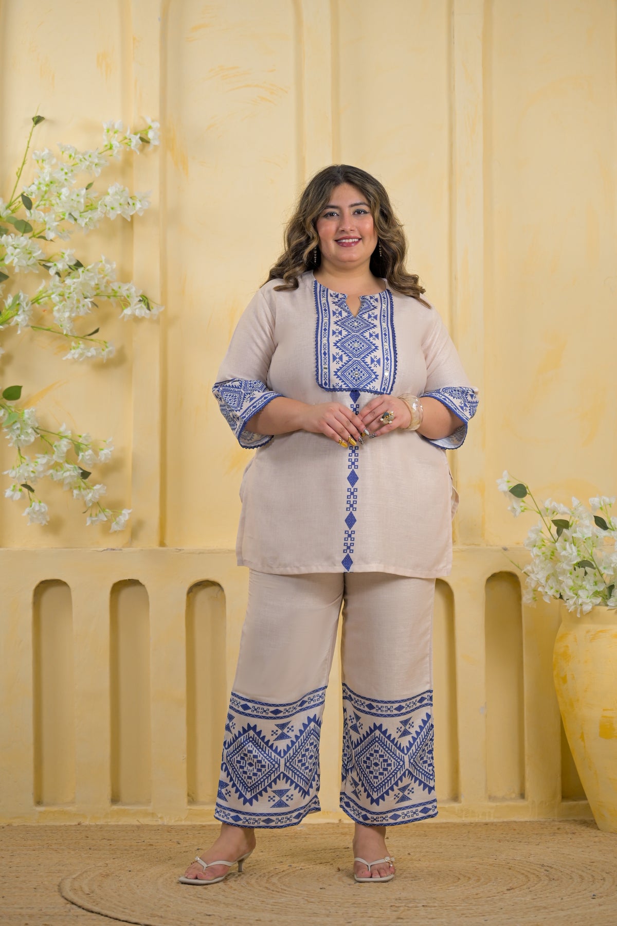 Women Geometric Embroidered Yoke Tunic with Palazzo - 2 Piece Co-Ord Set