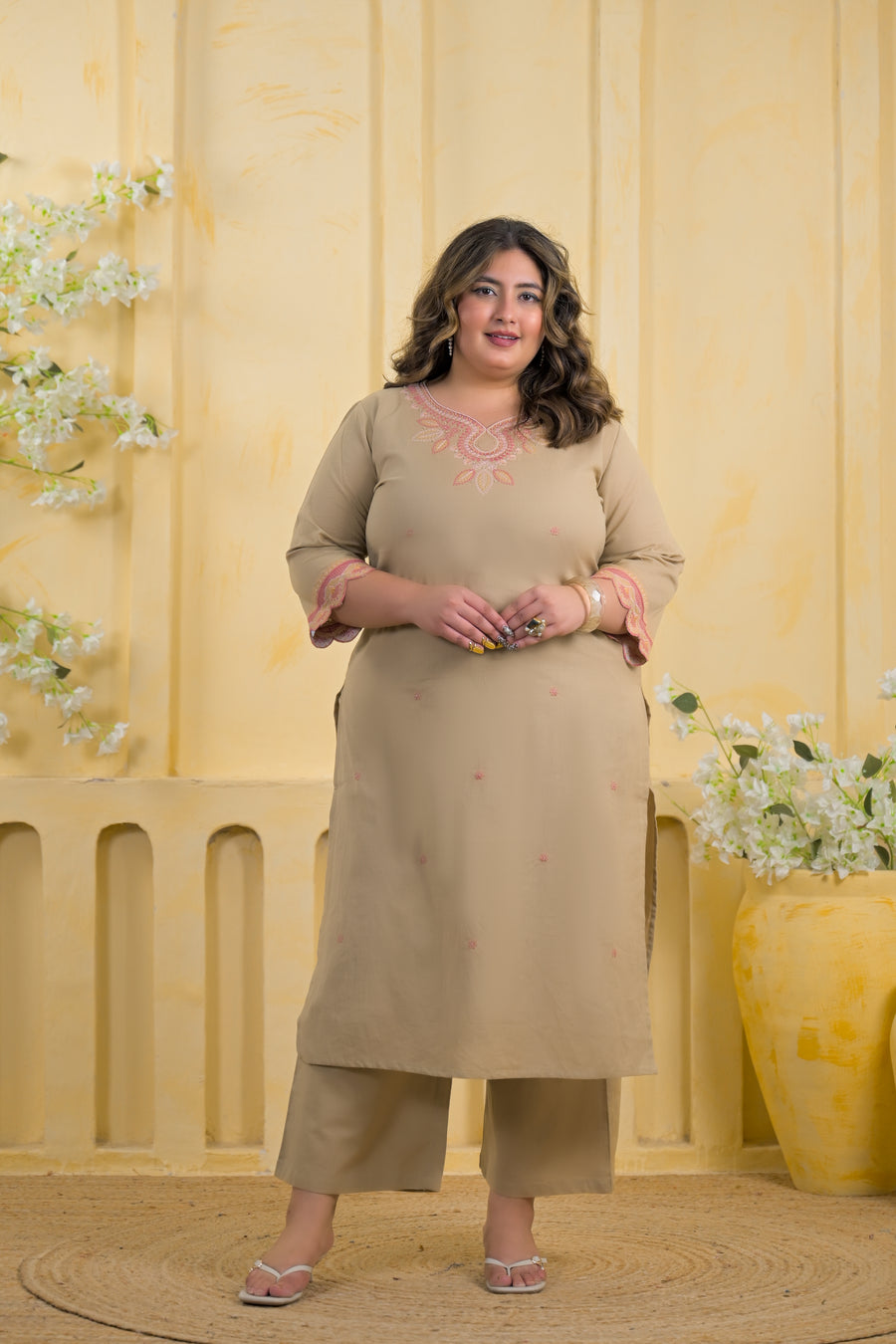 Women Embroidered Round Neck Straight Kurta with Pant - 2 Piece Set