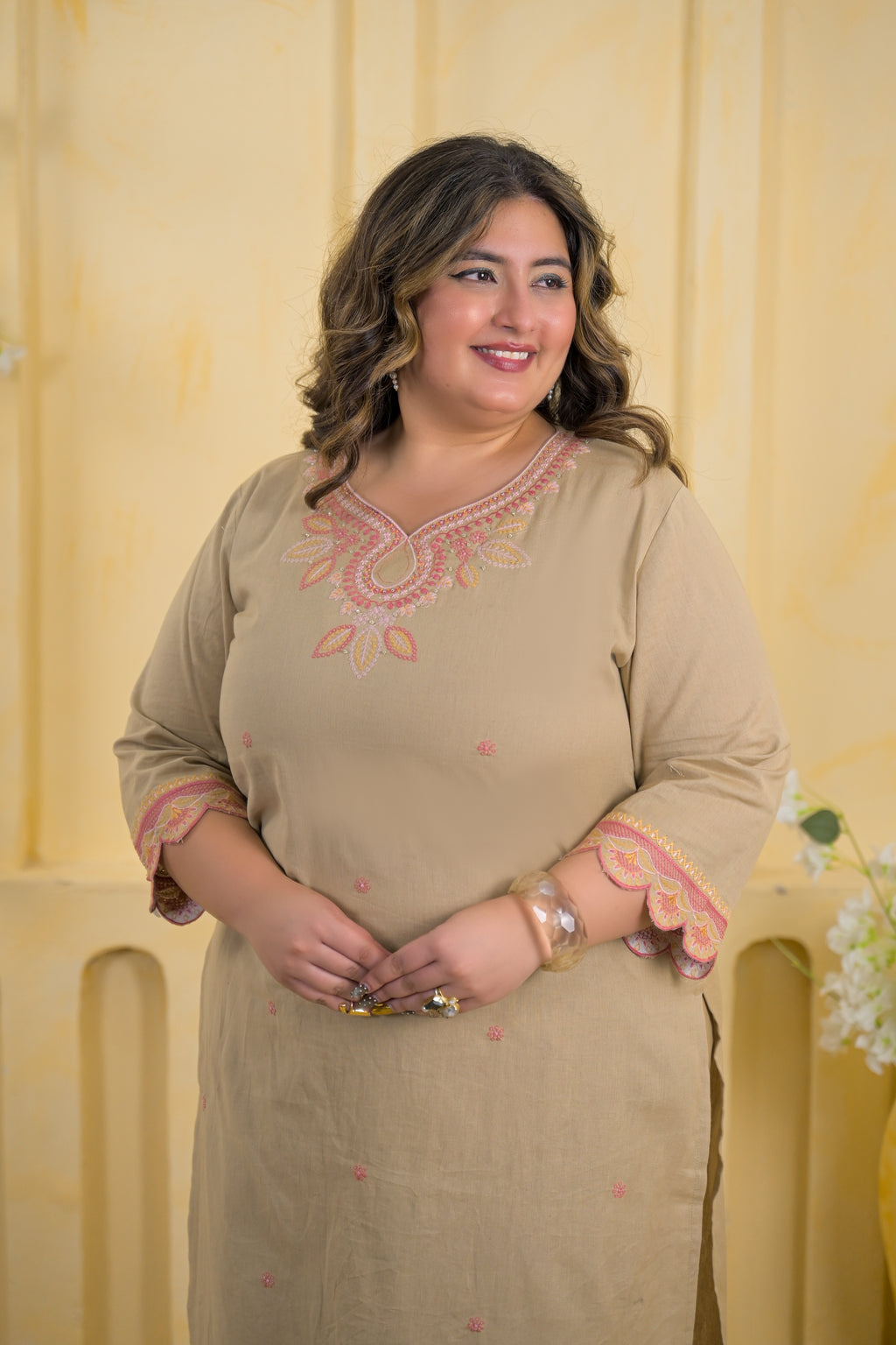 Women Embroidered Round Neck Straight Kurta with Pant - 2 Piece Set