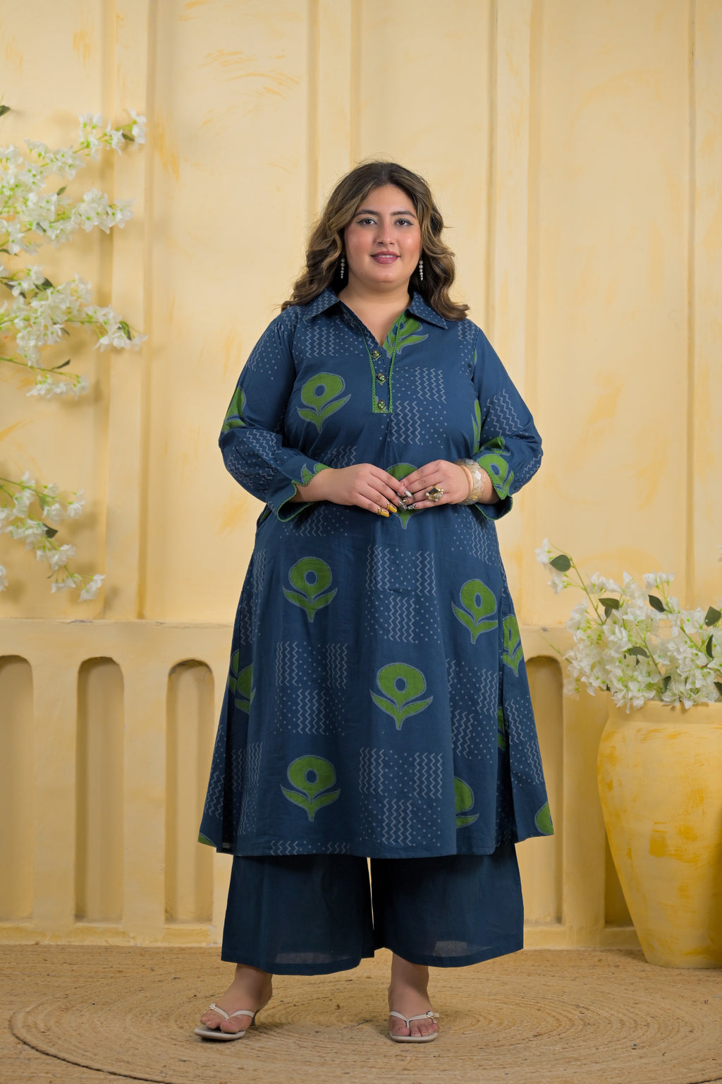 Block Printed Collared Long Tunic & Trouser 2-Piece Co-Ord Set