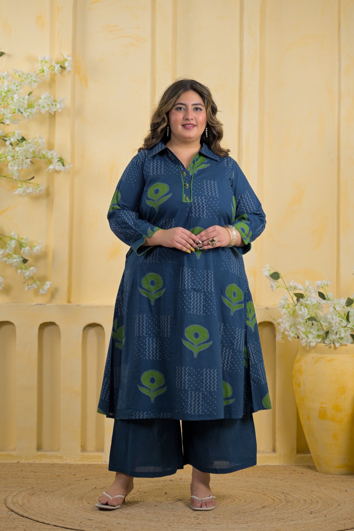 Block Printed Collared Long Tunic & Trouser 2-Piece Co-Ord Set