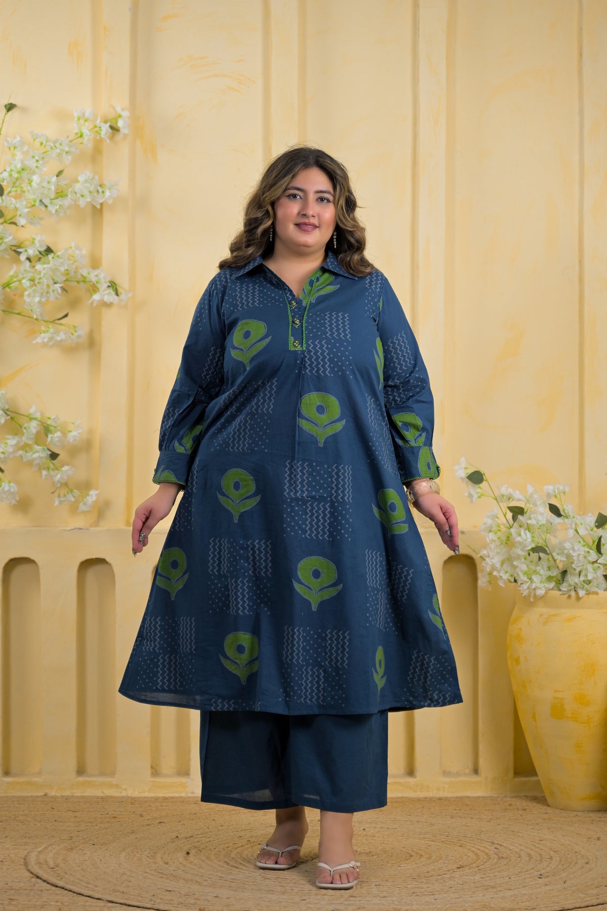 Block Printed Collared Long Tunic & Trouser 2-Piece Co-Ord Set