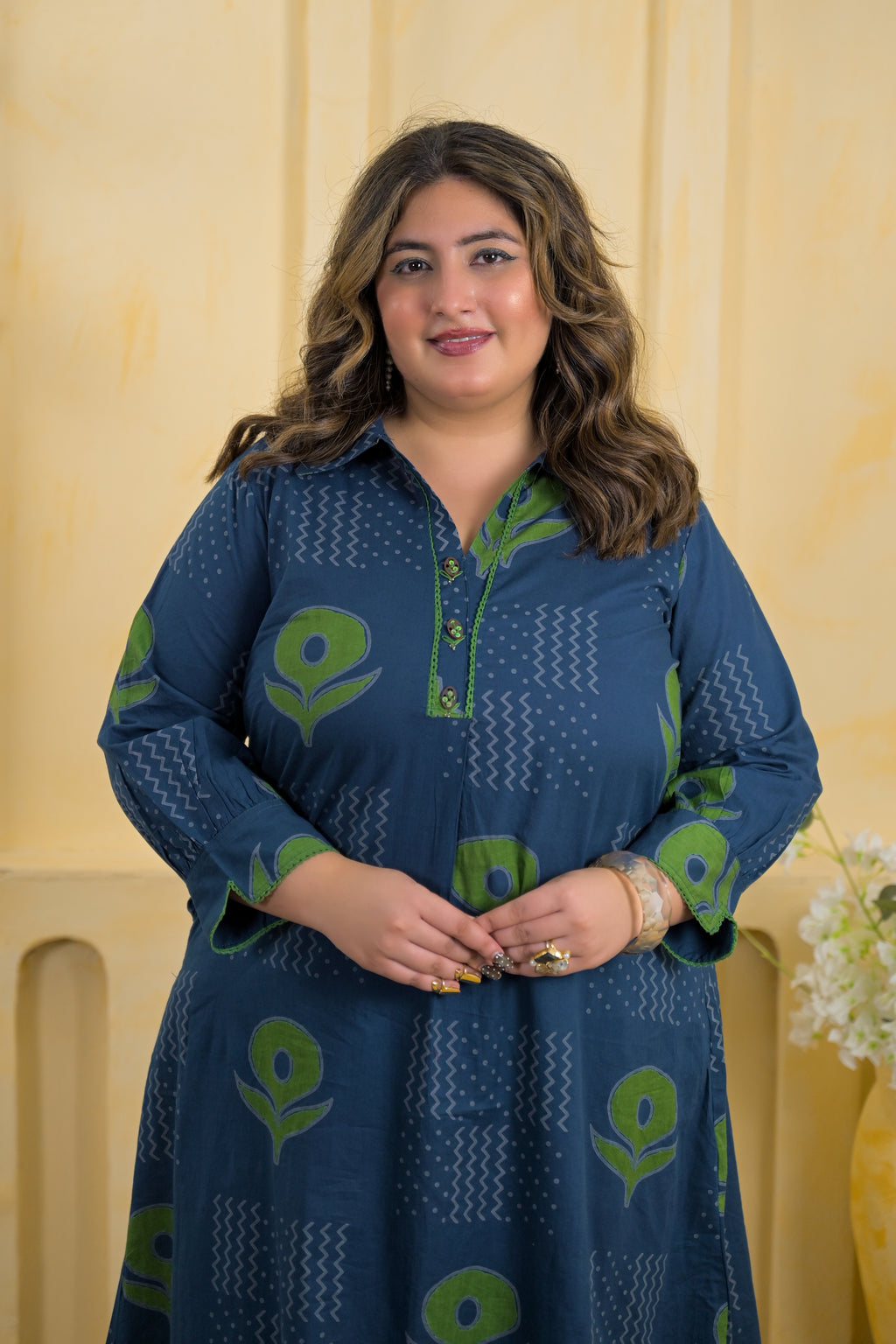 Block Printed Collared Long Tunic & Trouser 2-Piece Co-Ord Set