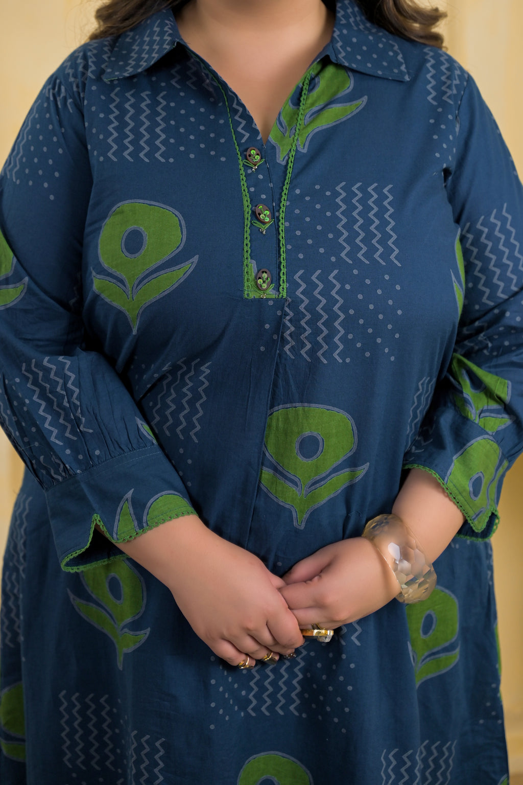 Block Printed Collared Long Tunic & Trouser 2-Piece Co-Ord Set