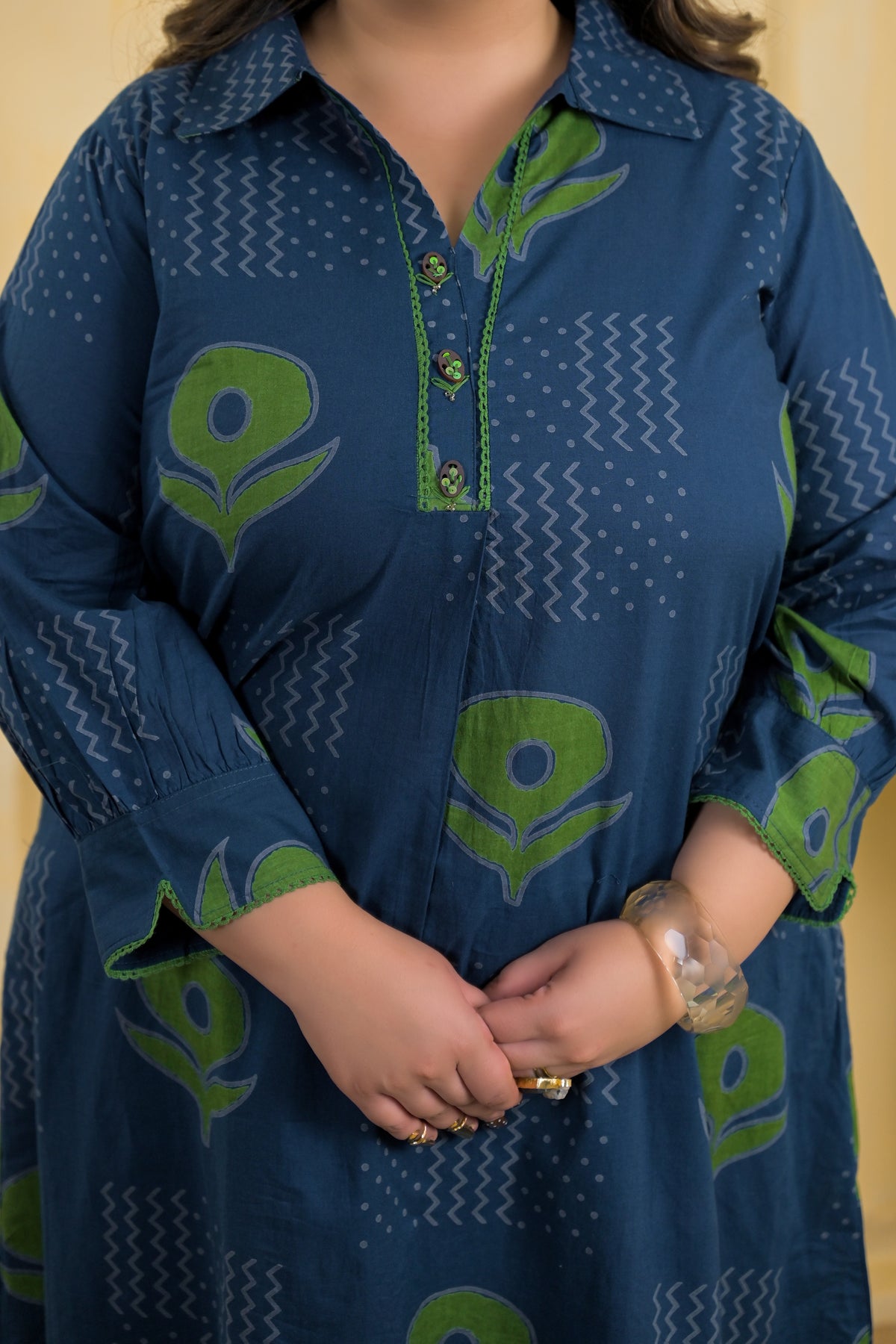 Block Printed Collared Long Tunic & Trouser 2-Piece Co-Ord Set