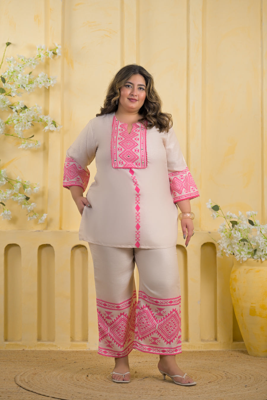 Women Geometric Embroidered Yoke Tunic with Palazzo - 2 Piece Co-Ord Set