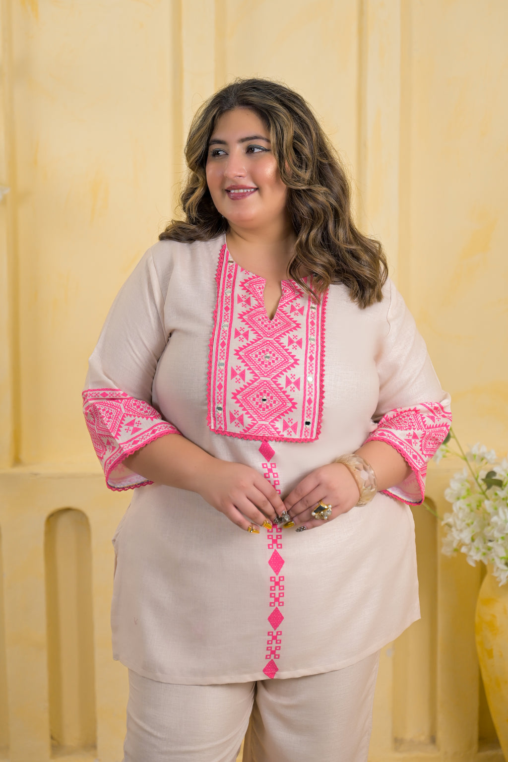 Women Geometric Embroidered Yoke Tunic with Palazzo - 2 Piece Co-Ord Set