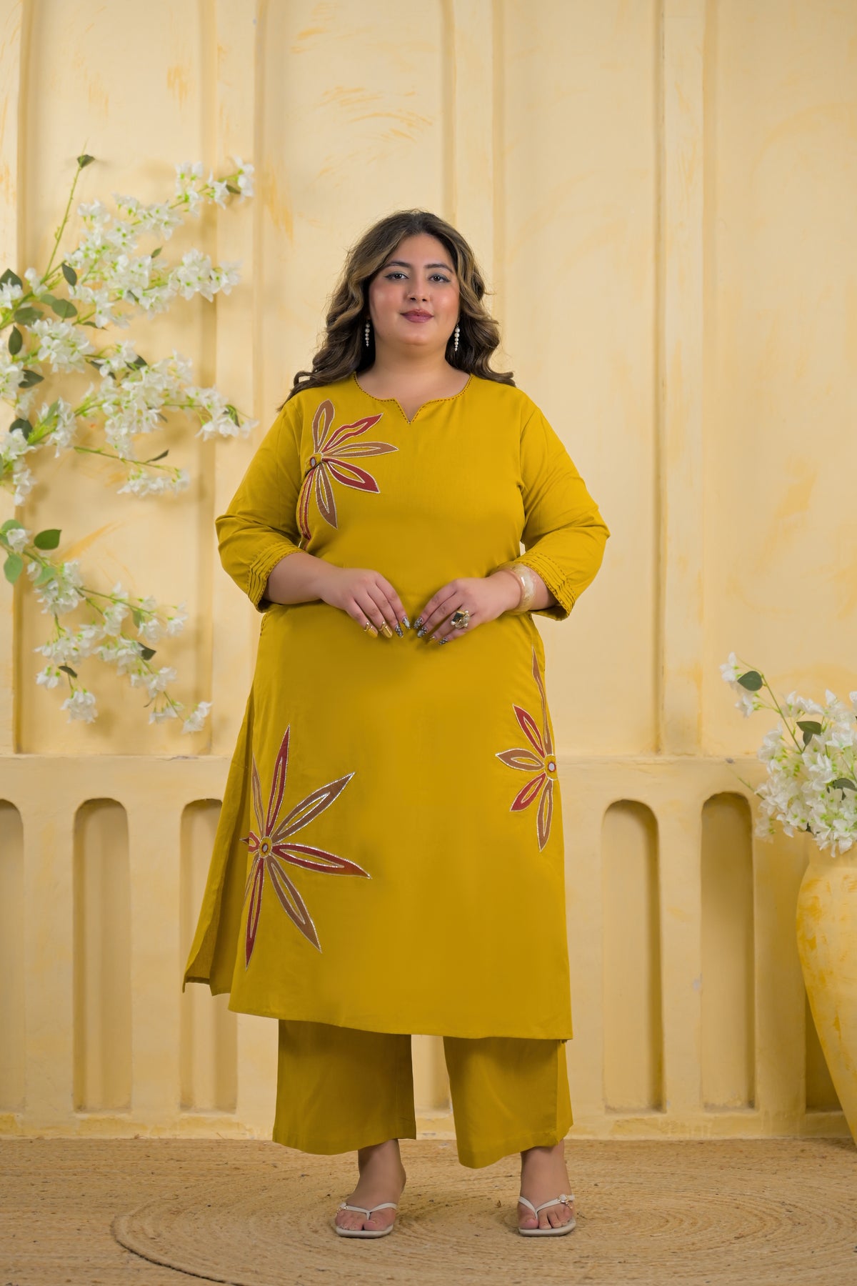Women Mustard Floral Motif A-Line Kurta & Pant - 2 Piece Co-Ord Set