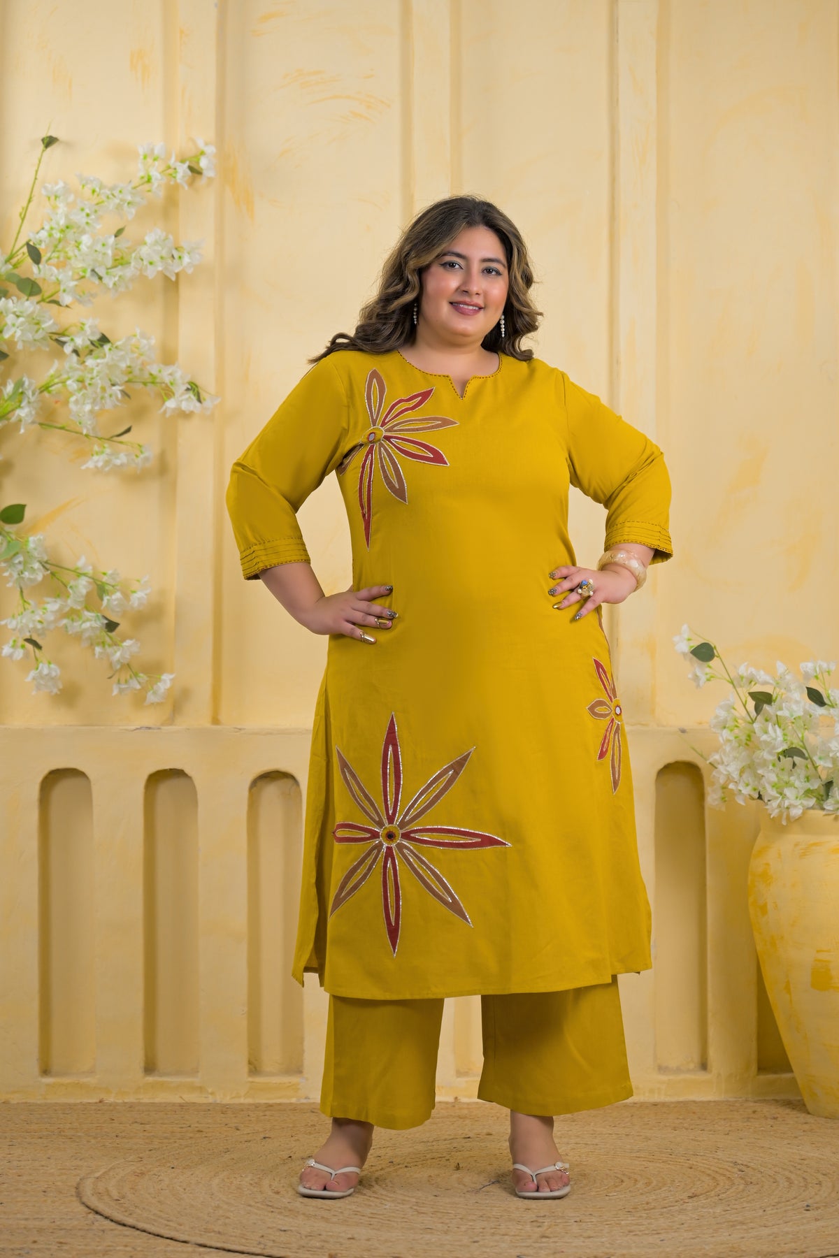 Women Mustard Floral Motif A-Line Kurta & Pant - 2 Piece Co-Ord Set