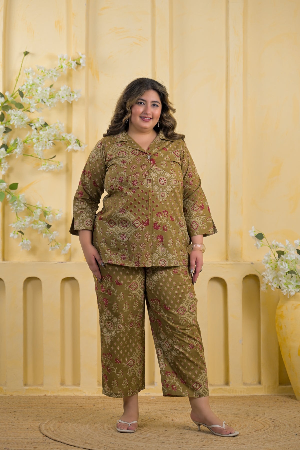 Women Ethnic Mandala Print Collar Neck Top with Pant - 2 Piece Co-Ord Set