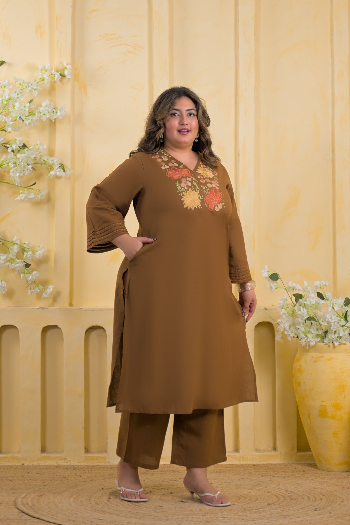 Women Floral Embroidered Yoke V-Neck Straight Kurta with Pant - 2 Piece Set