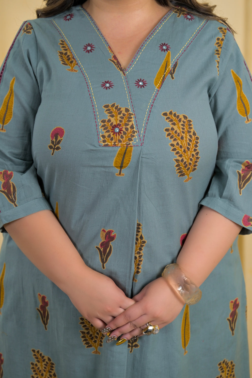 Women Ethnic Motif Printed V-Neck A-Line Kurta with Pant - 2 Piece Set