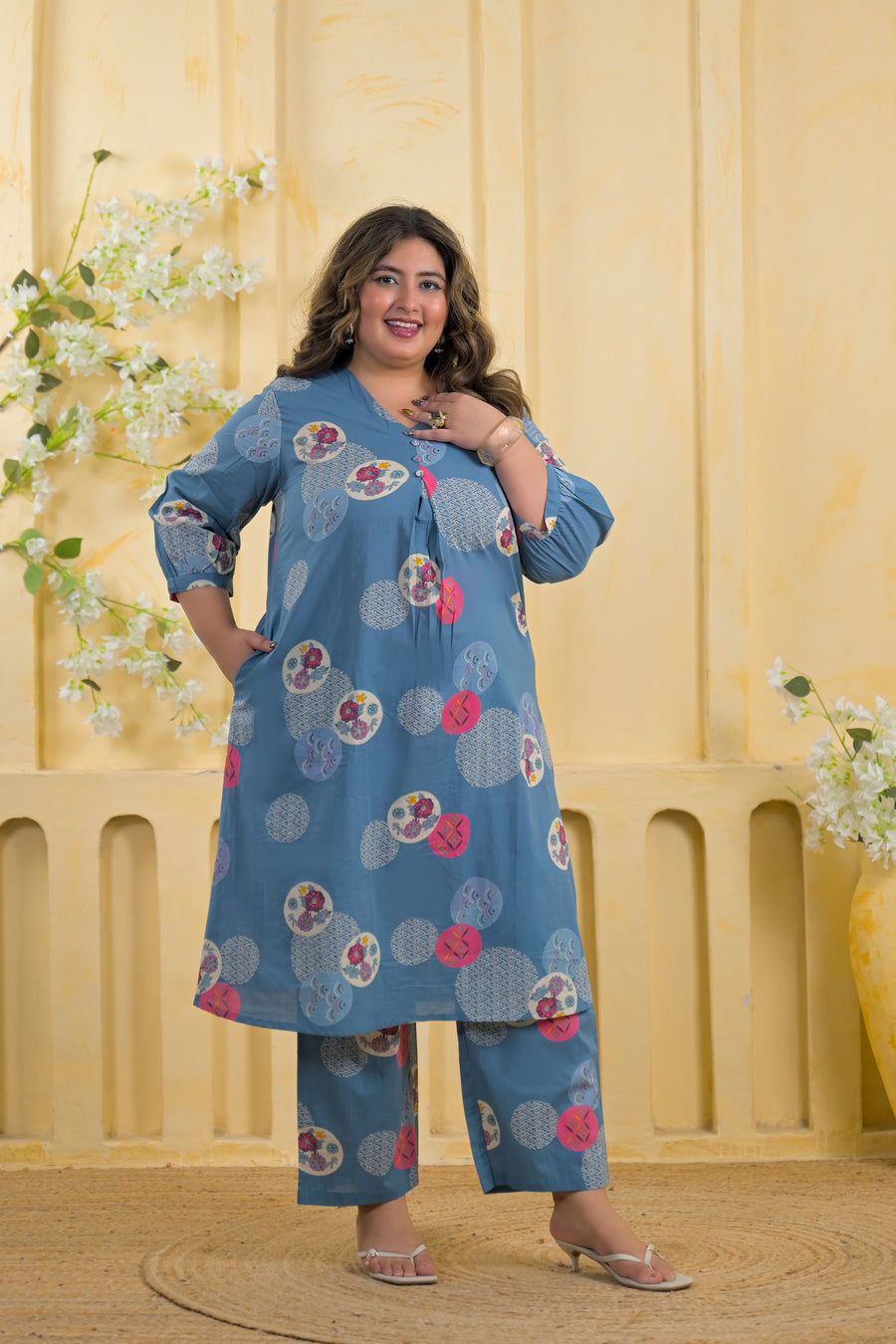 Women Printed Pleated V-Neck A-Line Kurta with Pant - 2 Piece Set