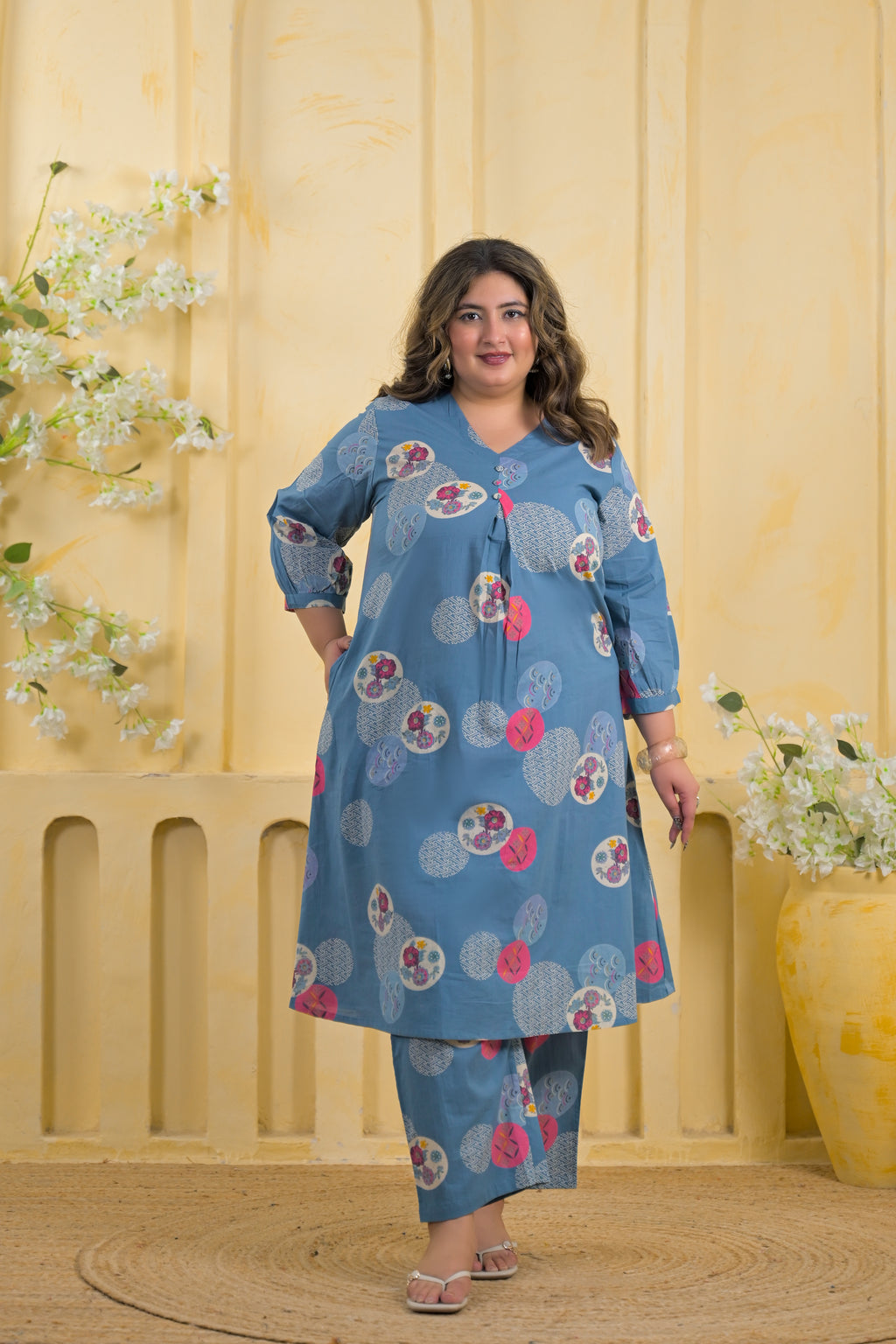 Women Printed Pleated V-Neck A-Line Kurta with Pant - 2 Piece Set