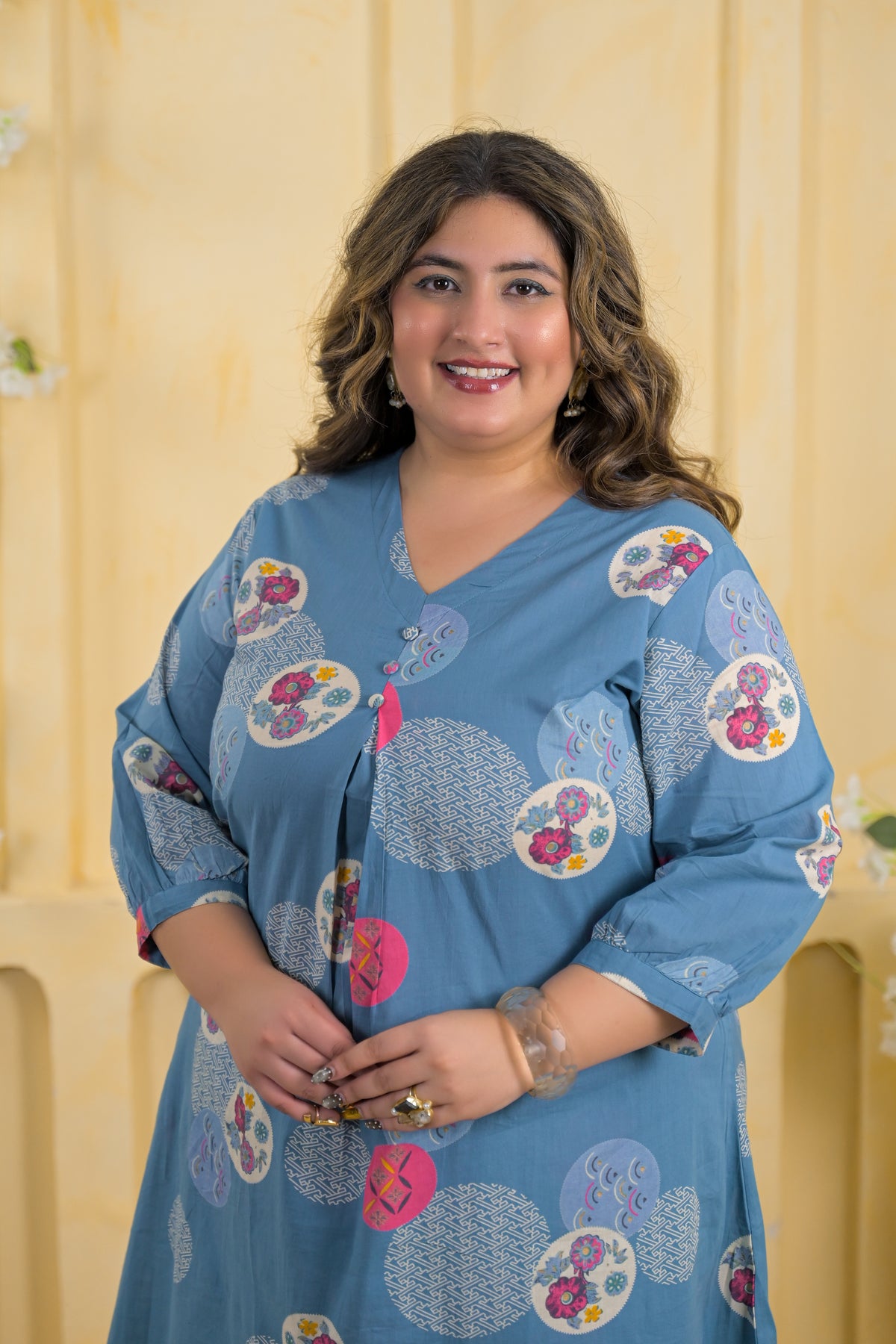 Women Printed Pleated V-Neck A-Line Kurta with Pant - 2 Piece Set