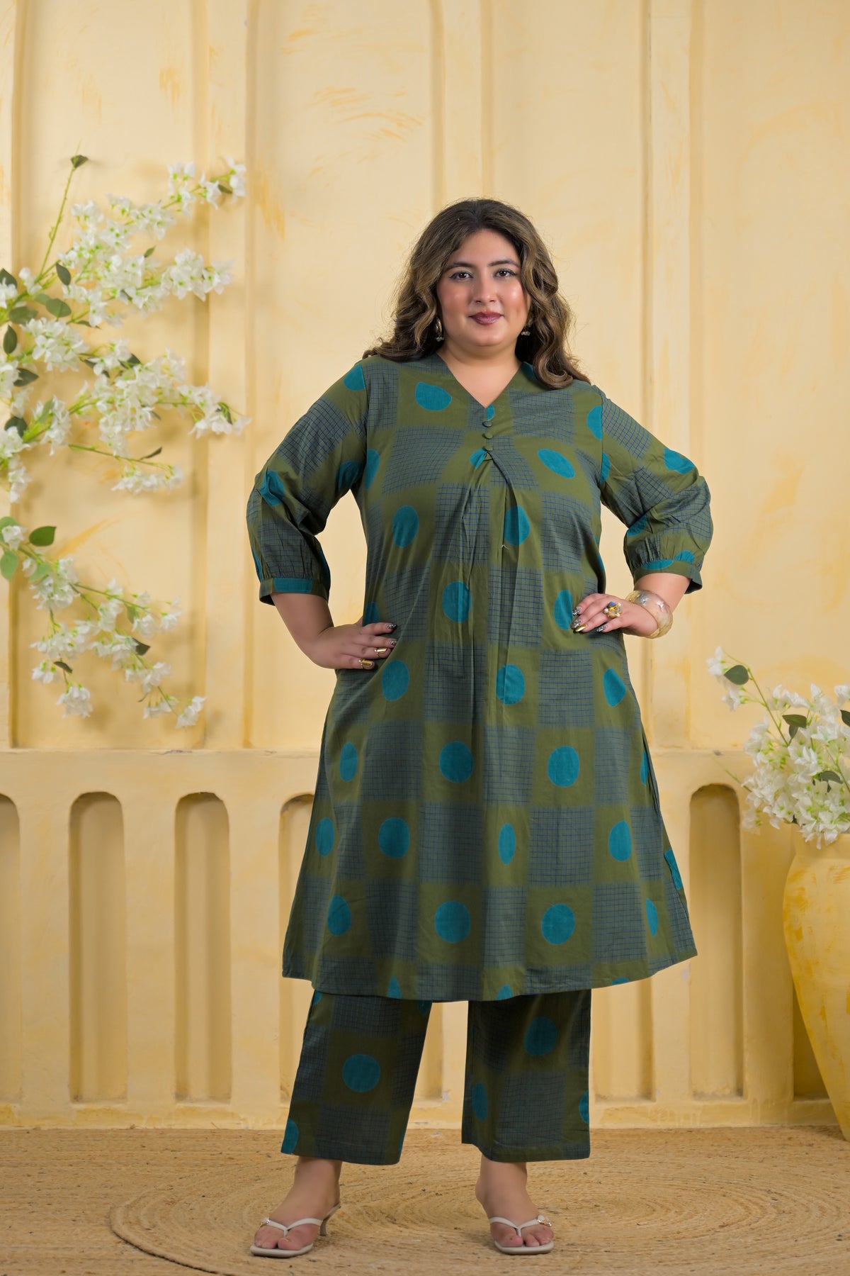Women Printed Pleated V-Neck A-Line Kurta with Pant - 2 Piece Set