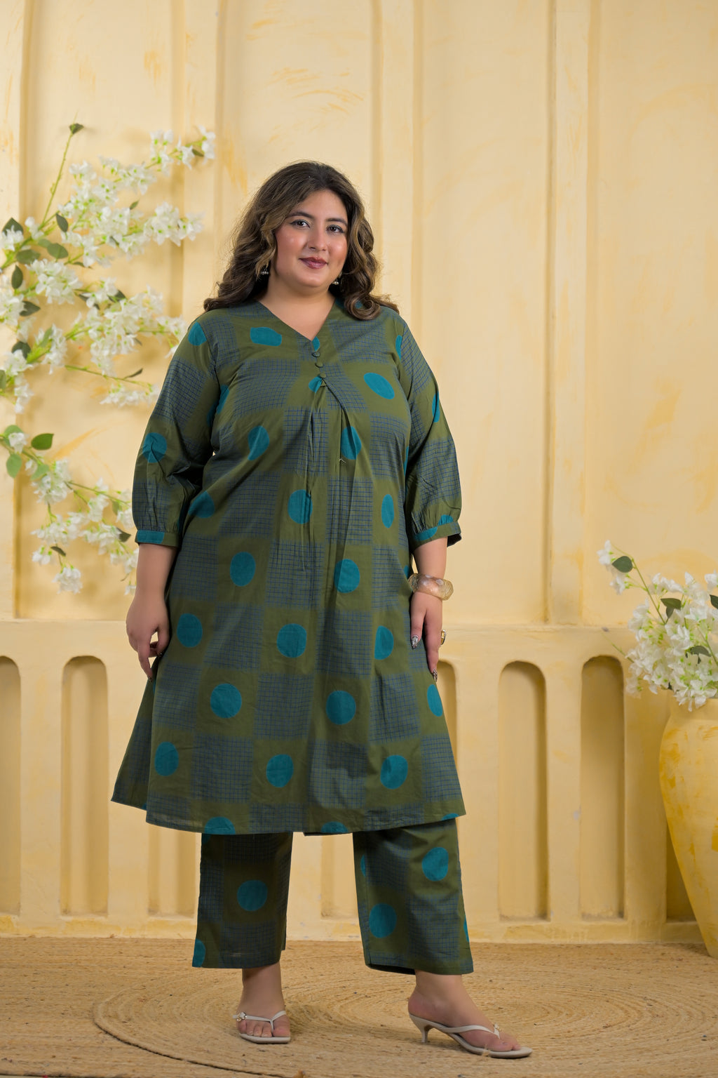 Women Printed Pleated V-Neck A-Line Kurta with Pant - 2 Piece Set
