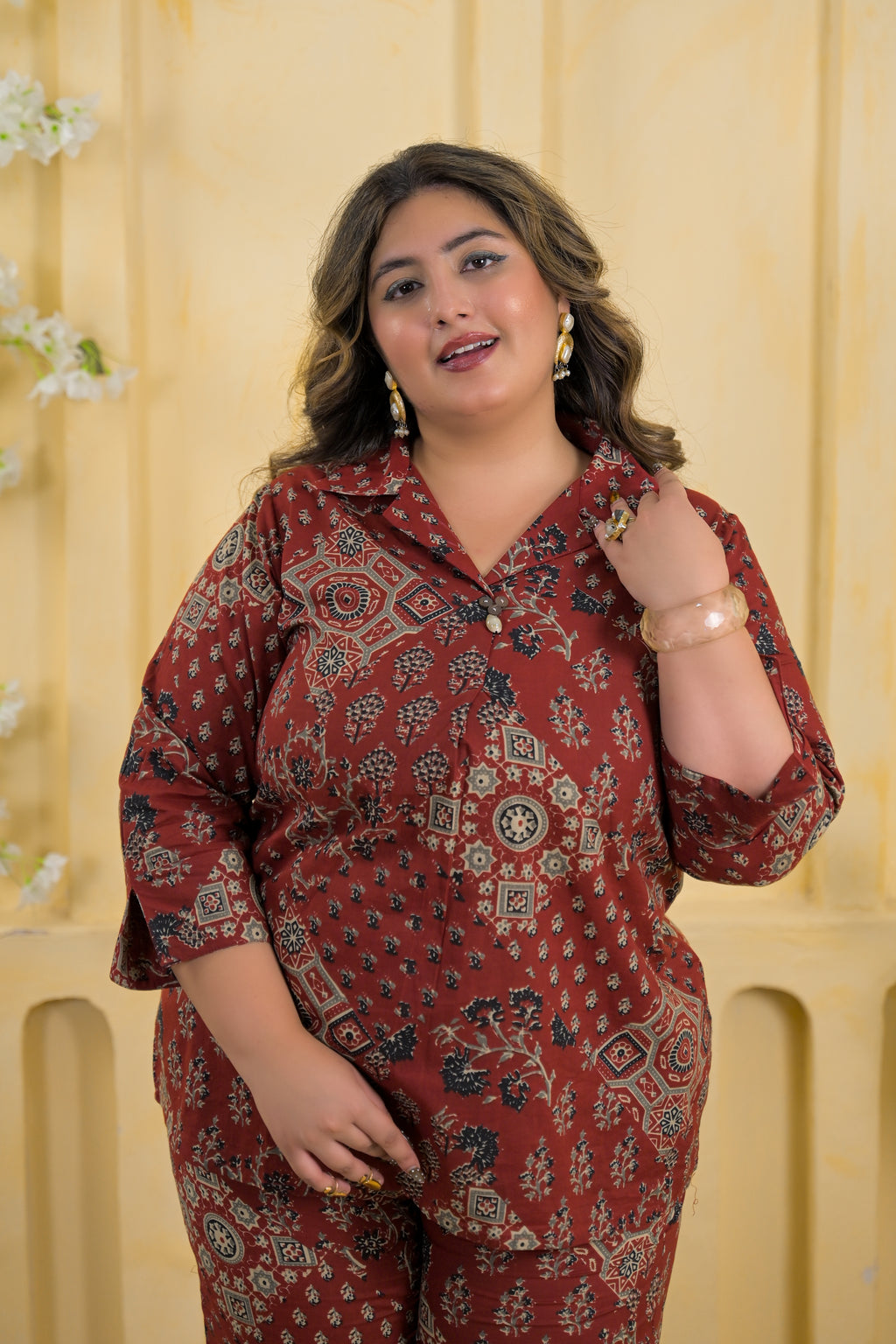 Women Ethnic Mandala Print Collar Neck Top with Pant - 2 Piece Co-Ord Set