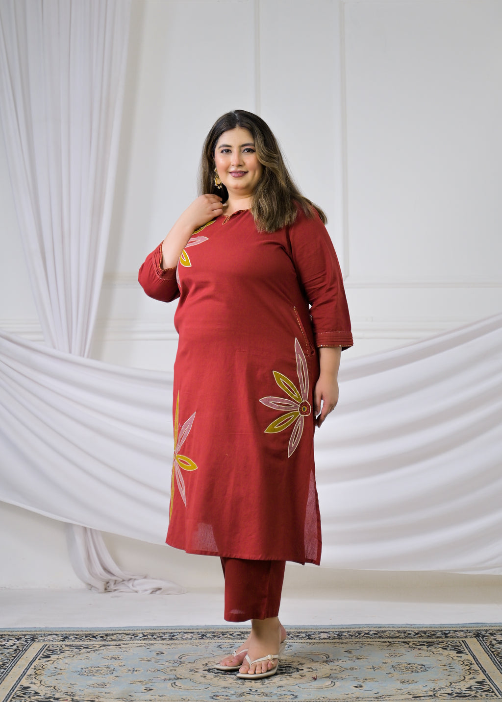 Women Mustard Floral Motif A-Line Kurta & Pant - 2 Piece Co-Ord Set