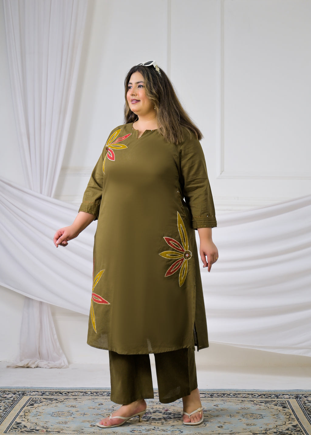 Women Mustard Floral Motif A-Line Kurta & Pant - 2 Piece Co-Ord Set