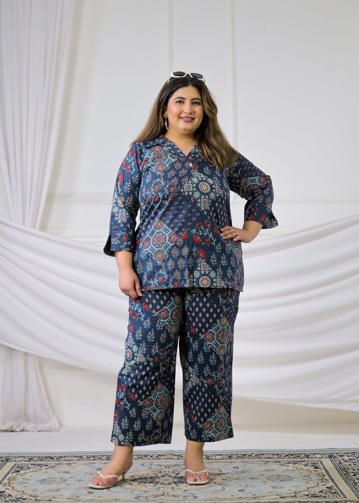 Women Ethnic Mandala Print Collar Neck Top with Pant - 2 Piece Co-Ord Set