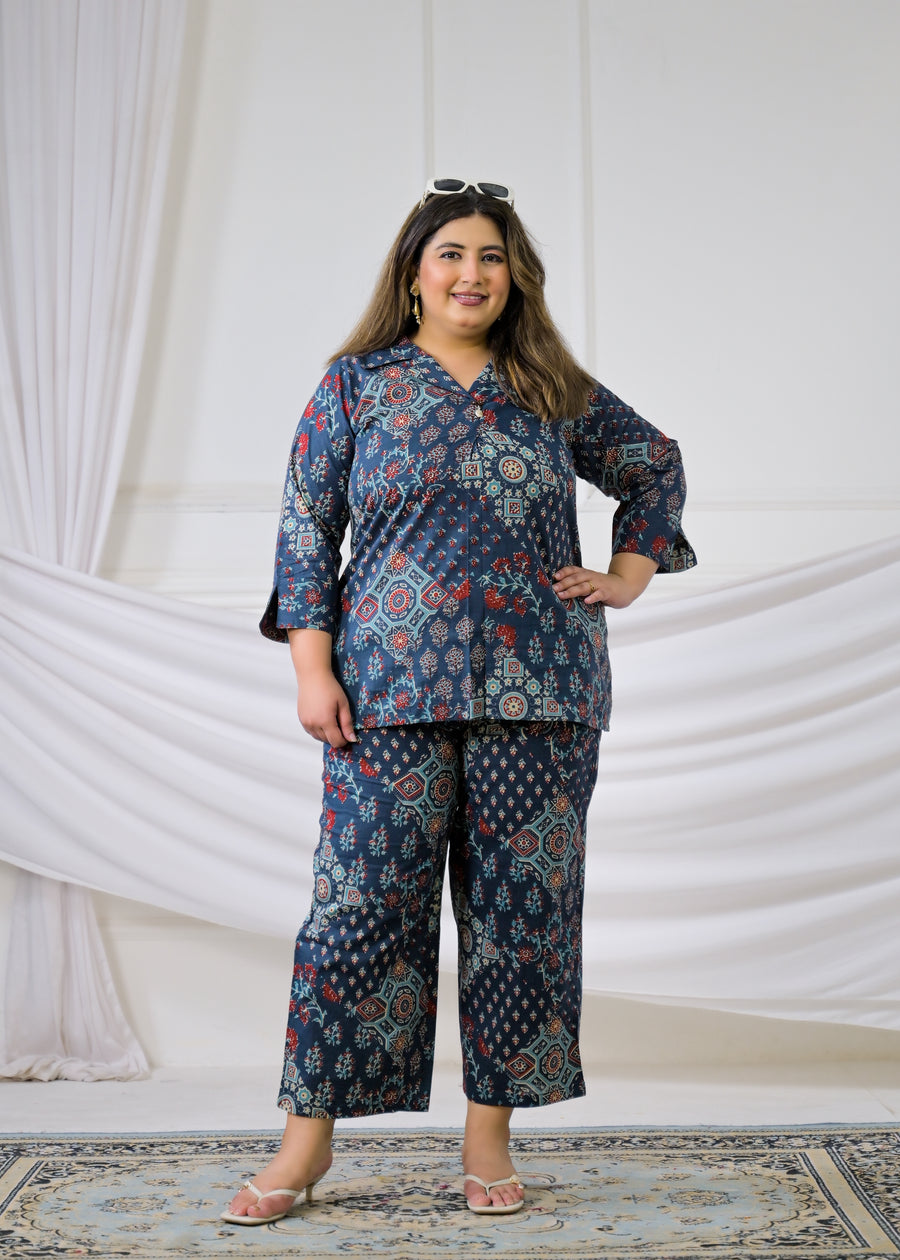 Women Ethnic Mandala Print Collar Neck Top with Pant - 2 Piece Co-Ord Set