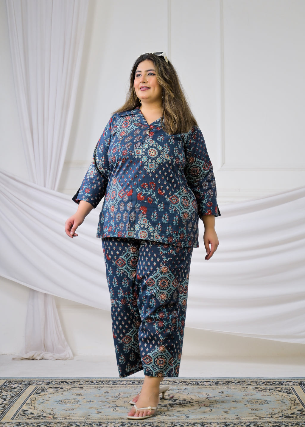 Women Ethnic Mandala Print Collar Neck Top with Pant - 2 Piece Co-Ord Set