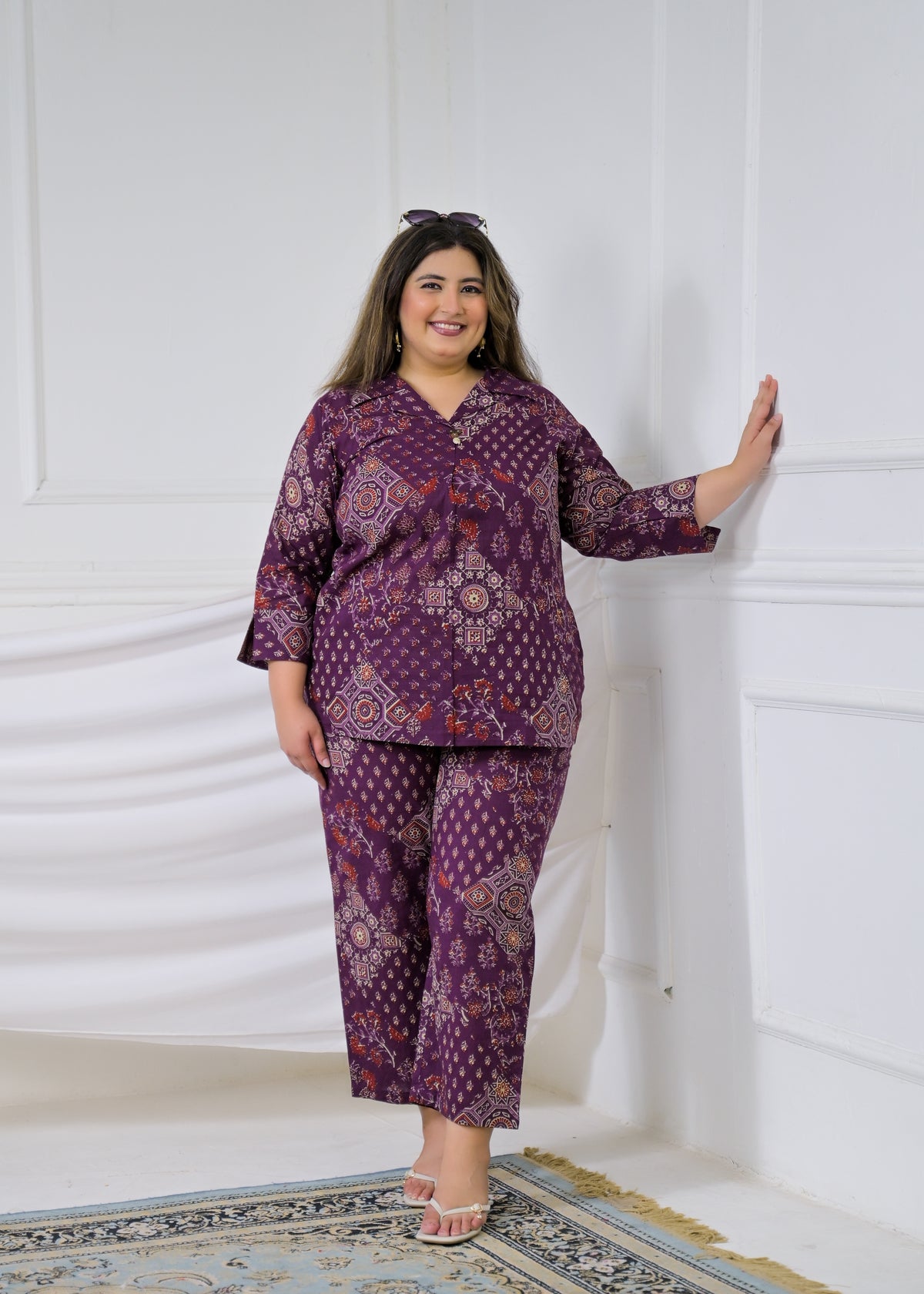 Women Ethnic Mandala Print Collar Neck Top with Pant - 2 Piece Co-Ord Set