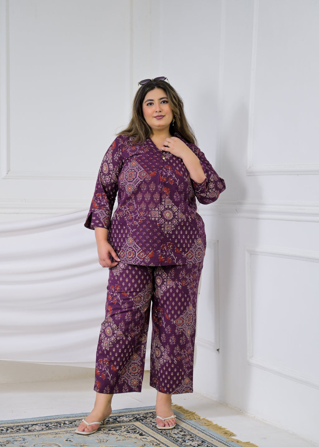 Women Ethnic Mandala Print Collar Neck Top with Pant - 2 Piece Co-Ord Set