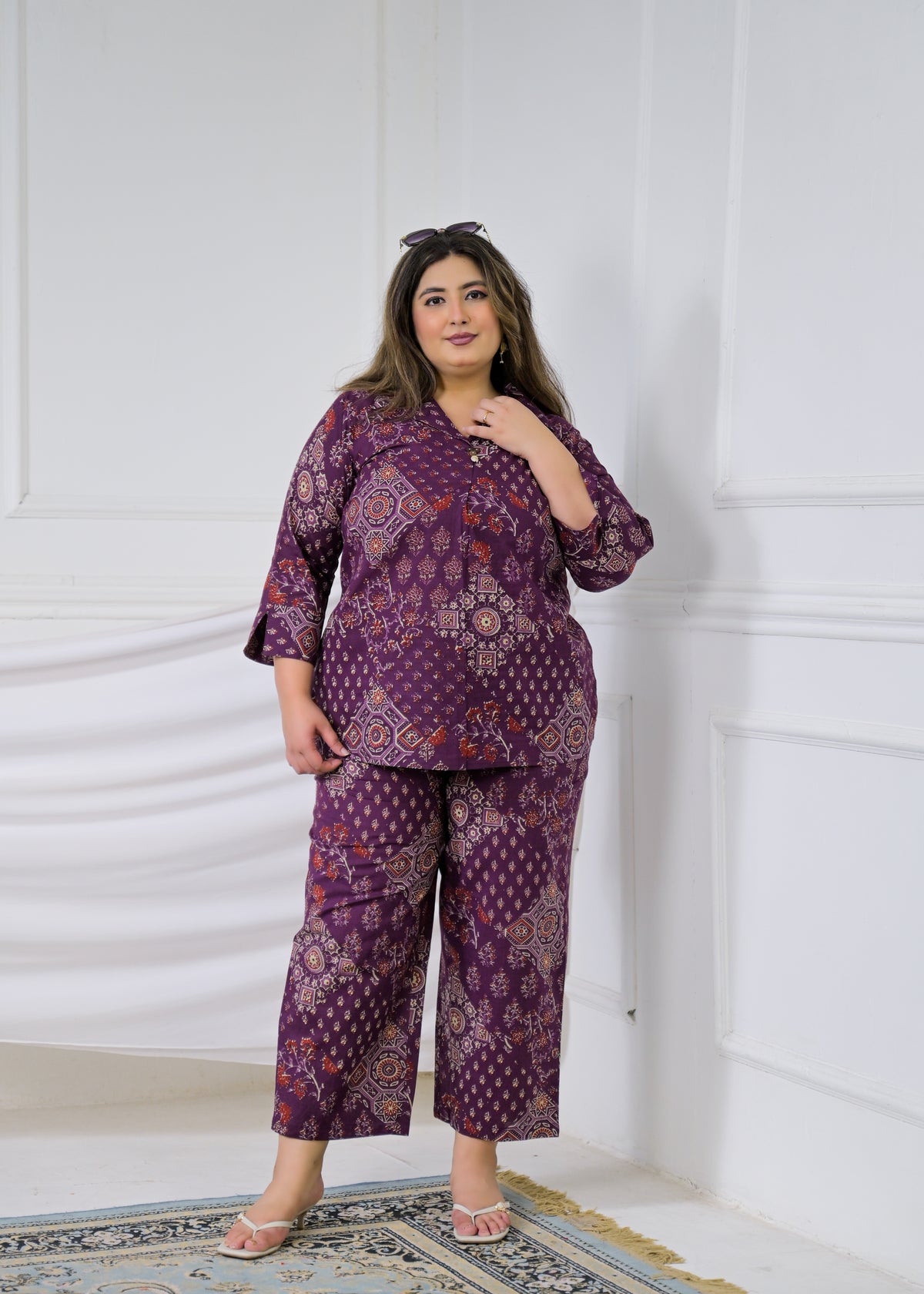 Women Ethnic Mandala Print Collar Neck Top with Pant - 2 Piece Co-Ord Set