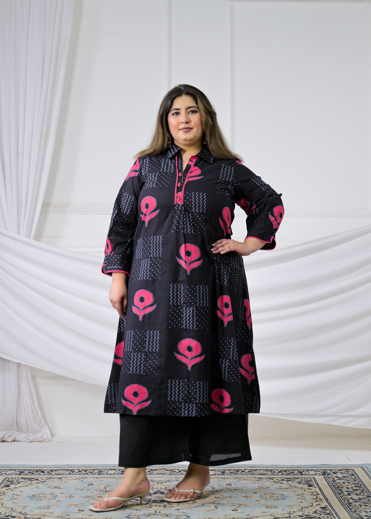 Block Printed Collared Long Tunic & Trouser 2-Piece Co-Ord Set