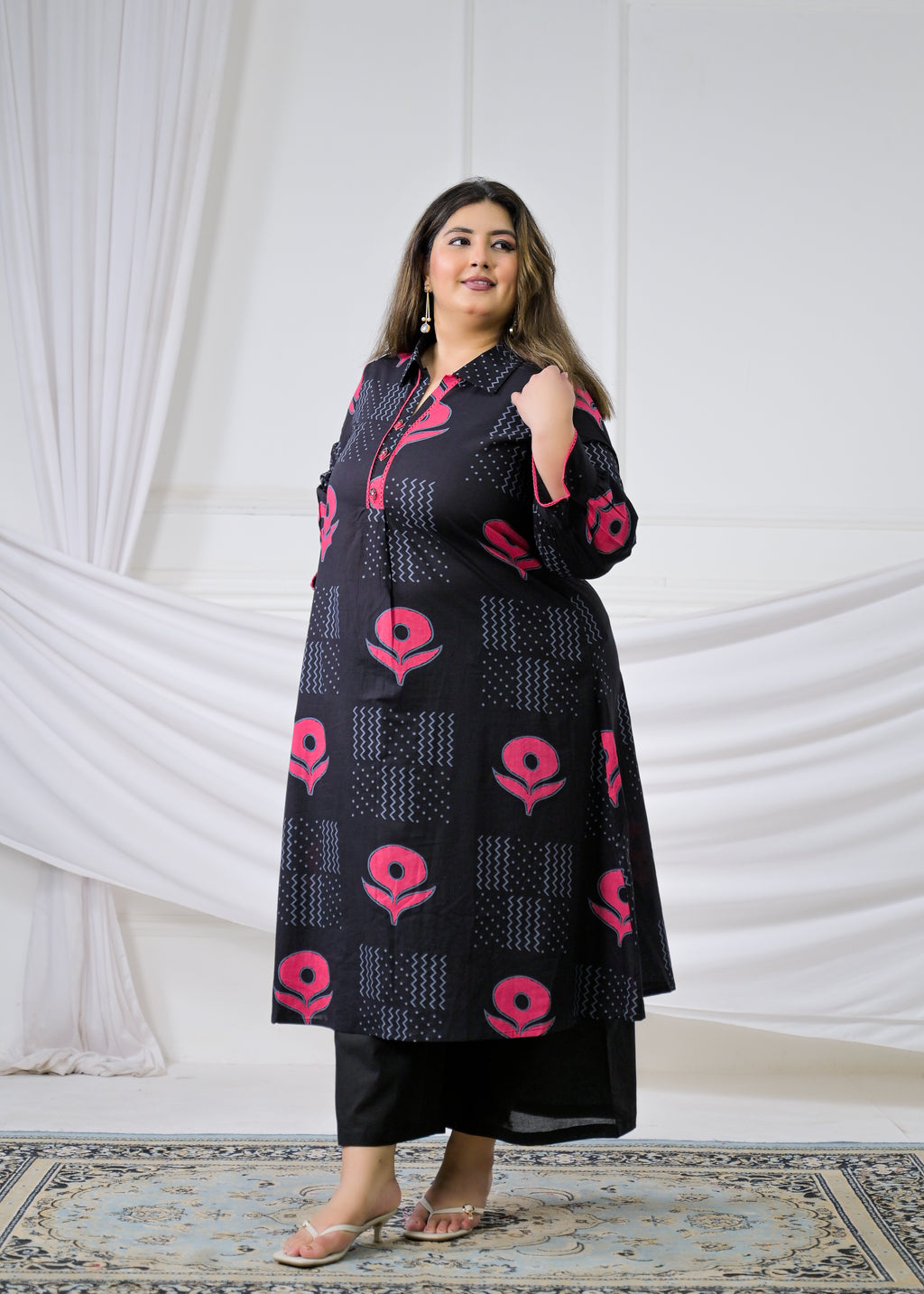 Block Printed Collared Long Tunic & Trouser 2-Piece Co-Ord Set