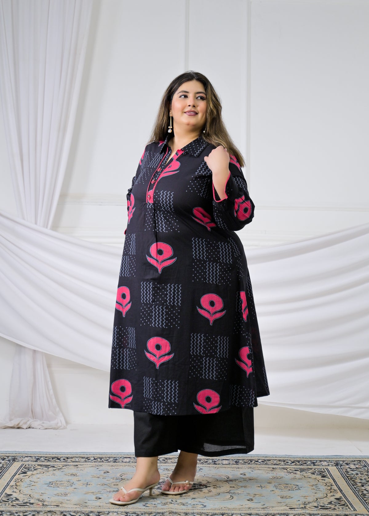 Block Printed Collared Long Tunic & Trouser 2-Piece Co-Ord Set