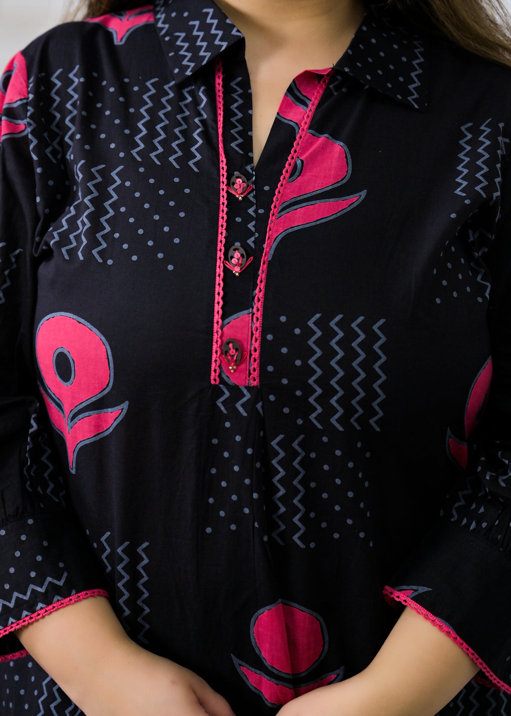 Block Printed Collared Long Tunic & Trouser 2-Piece Co-Ord Set