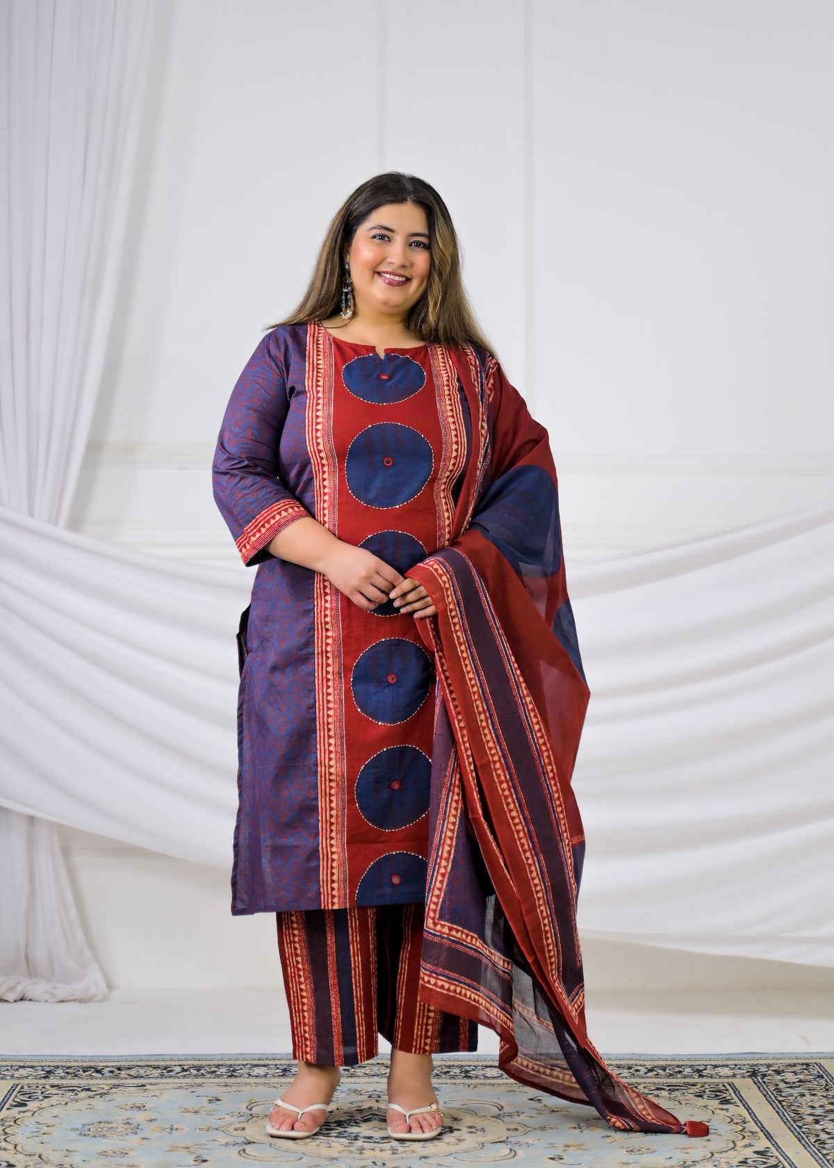 Women Geometric Circle Printed Lace Work Kurta with Salwar Pant & Dupatta - 3 Piece Suit Set