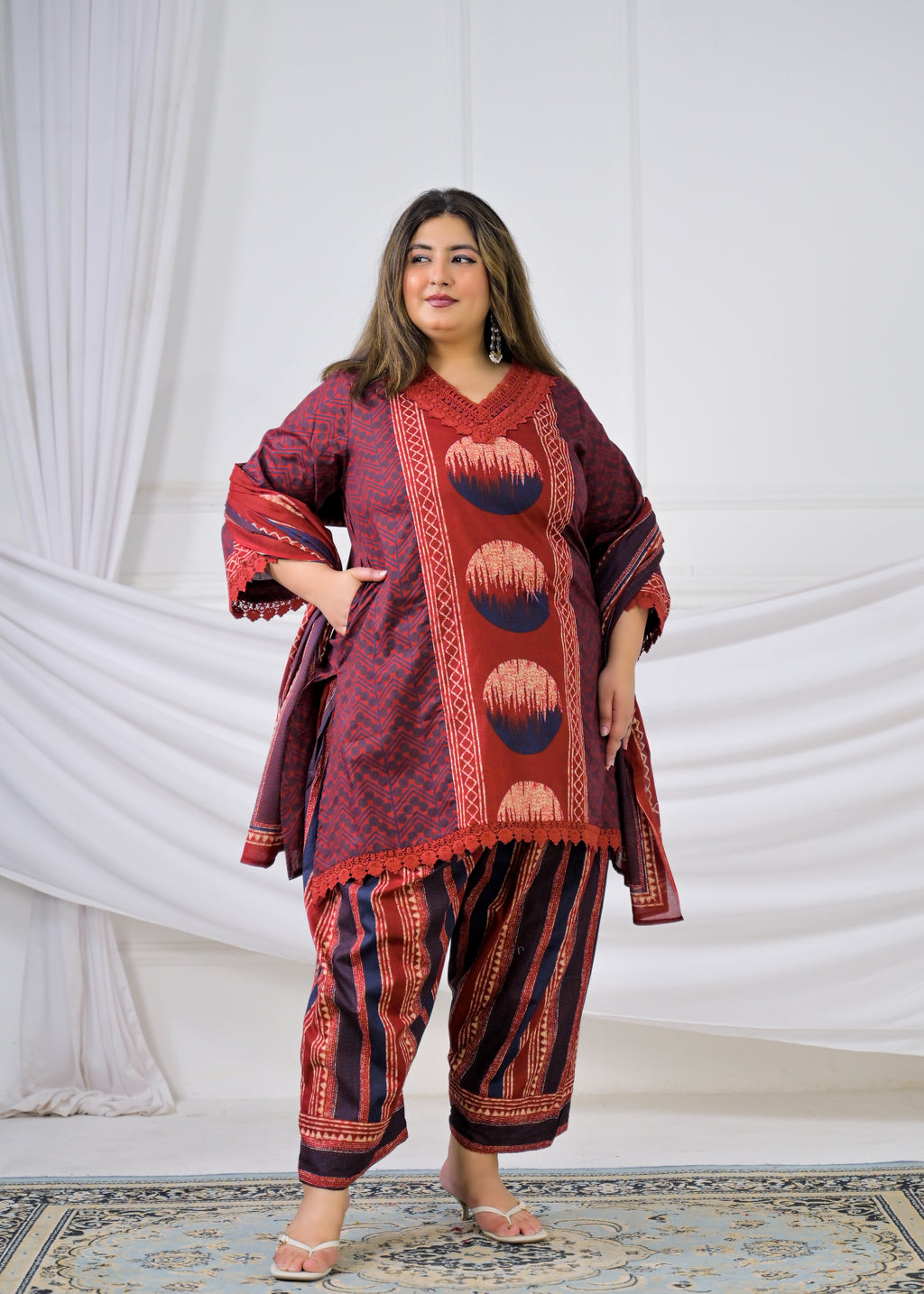 Women Geometric Circle Printed Lace Work Kurta with Salwar Pant & Dupatta - 3 Piece Suit Set