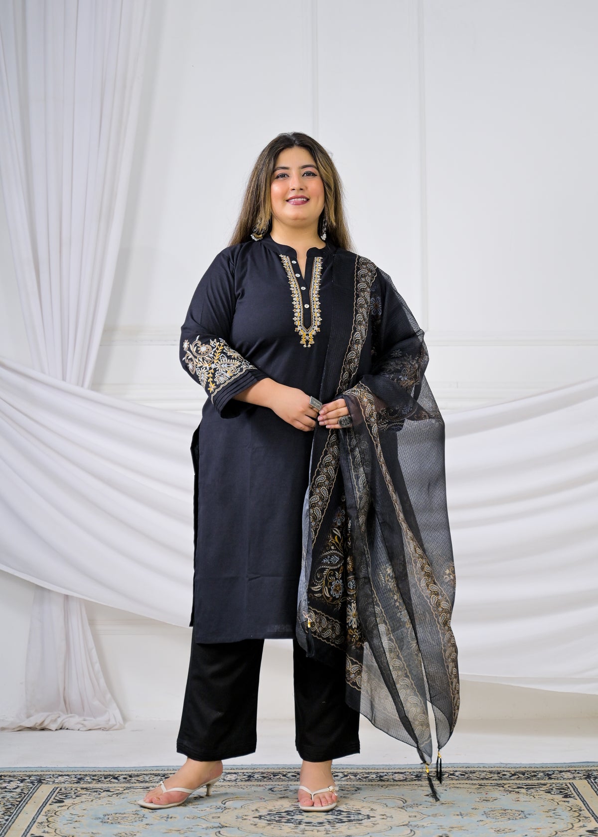 Women Embroidered Mandarin Neck Straight Kurta with Pant and Printed Dupatta - 3 Piece Set