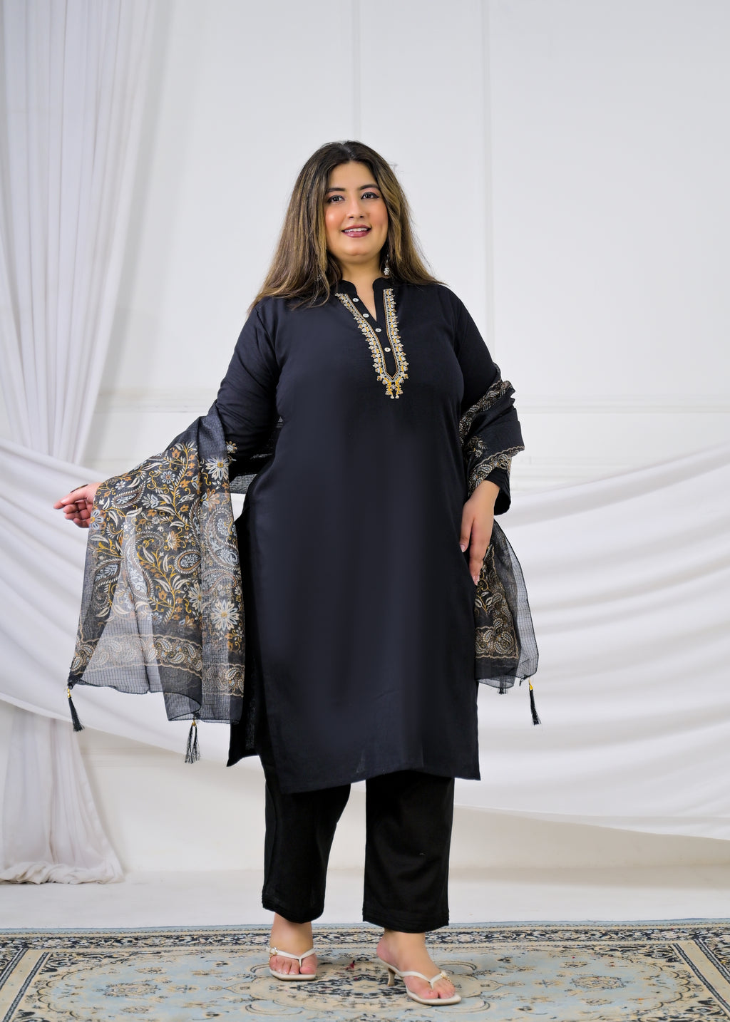 Women Embroidered Mandarin Neck Straight Kurta with Pant and Printed Dupatta - 3 Piece Set