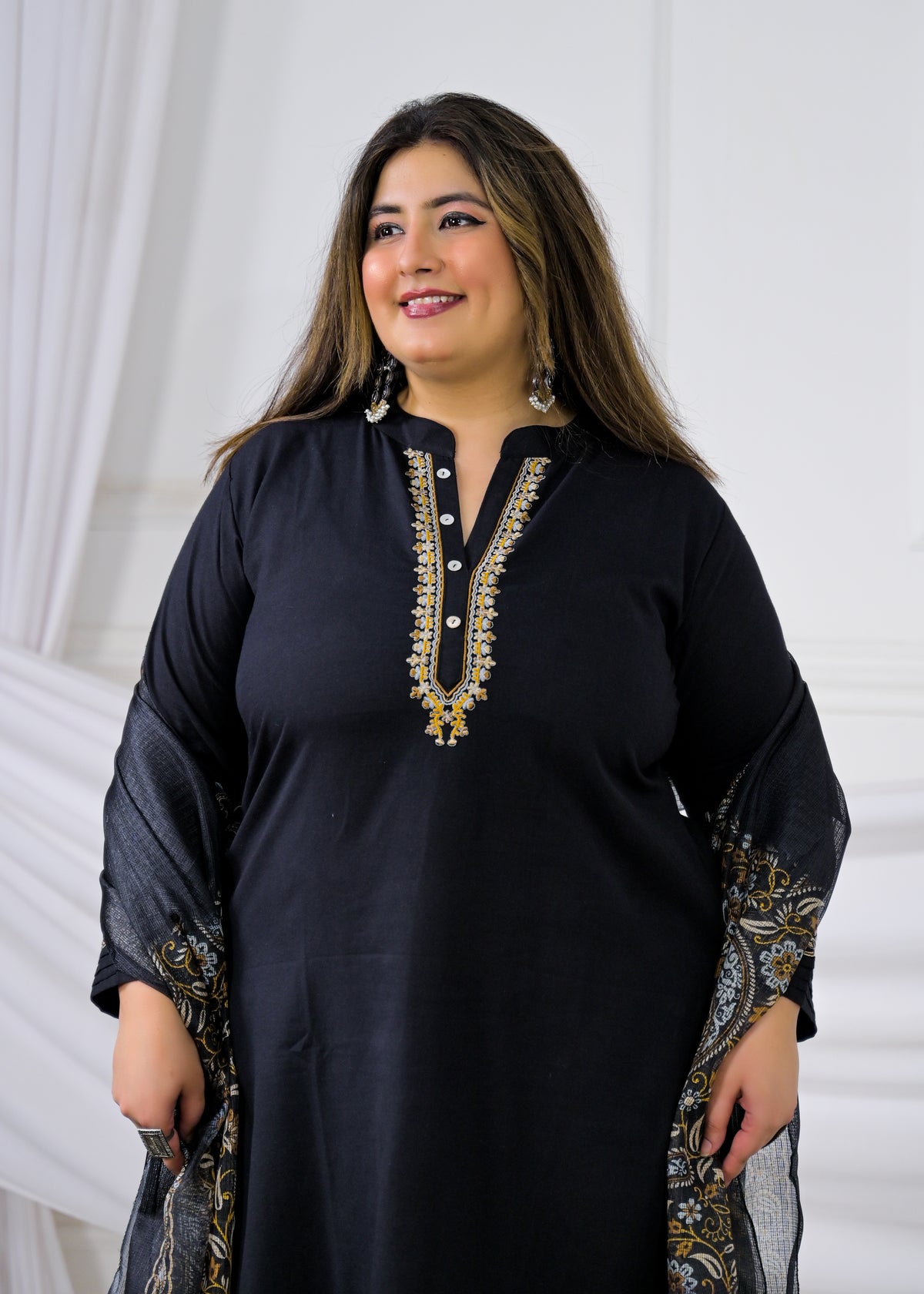 Women Embroidered Mandarin Neck Straight Kurta with Pant and Printed Dupatta - 3 Piece Set